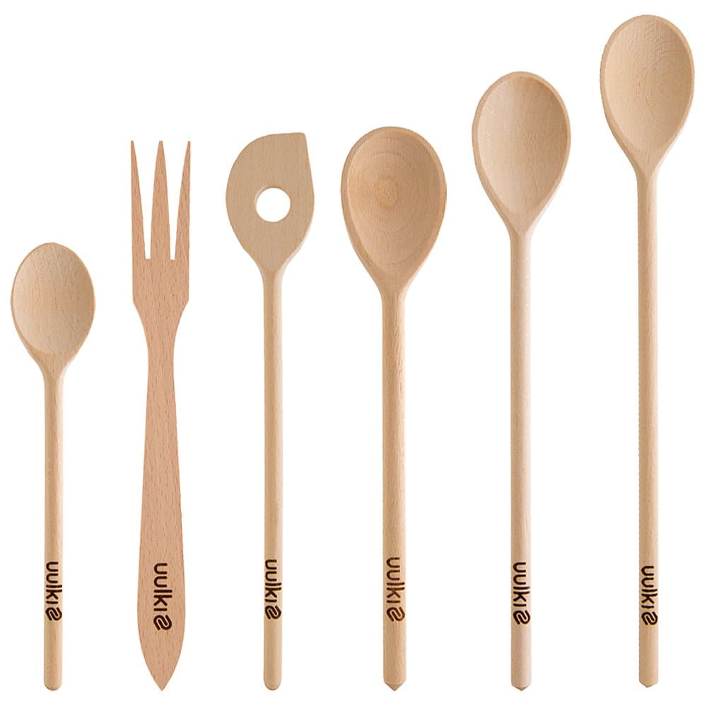 UulkiCooking Spoon Set Made of Beech Wood | Wooden Cooking Spoon 25-40 cm with Stirring Spoon, Baking Spoon, Cabbage Fork | Wooden Spoon Made in Europe | 6-pcs.