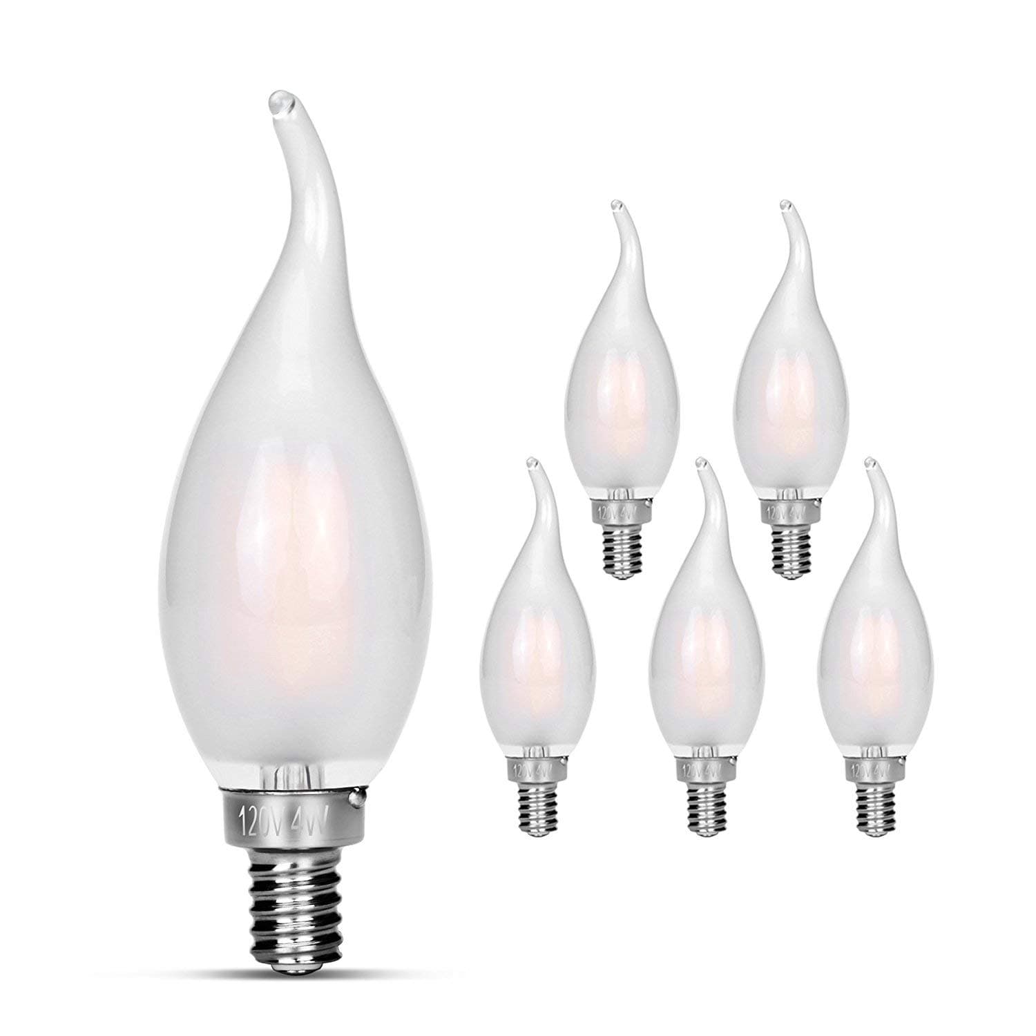Candelabra LED Bulbs 2700K 40w Equivalent Improve Flame tip Frosted Glass E12 Base Warm White Decoration E12 LED Bulb Dimmable 6 Pack