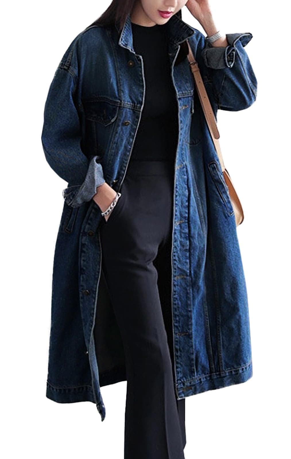 Womens Classic Jean Jacket Plus Size Loose Long Sleeve Button Down Denim Trench Coat