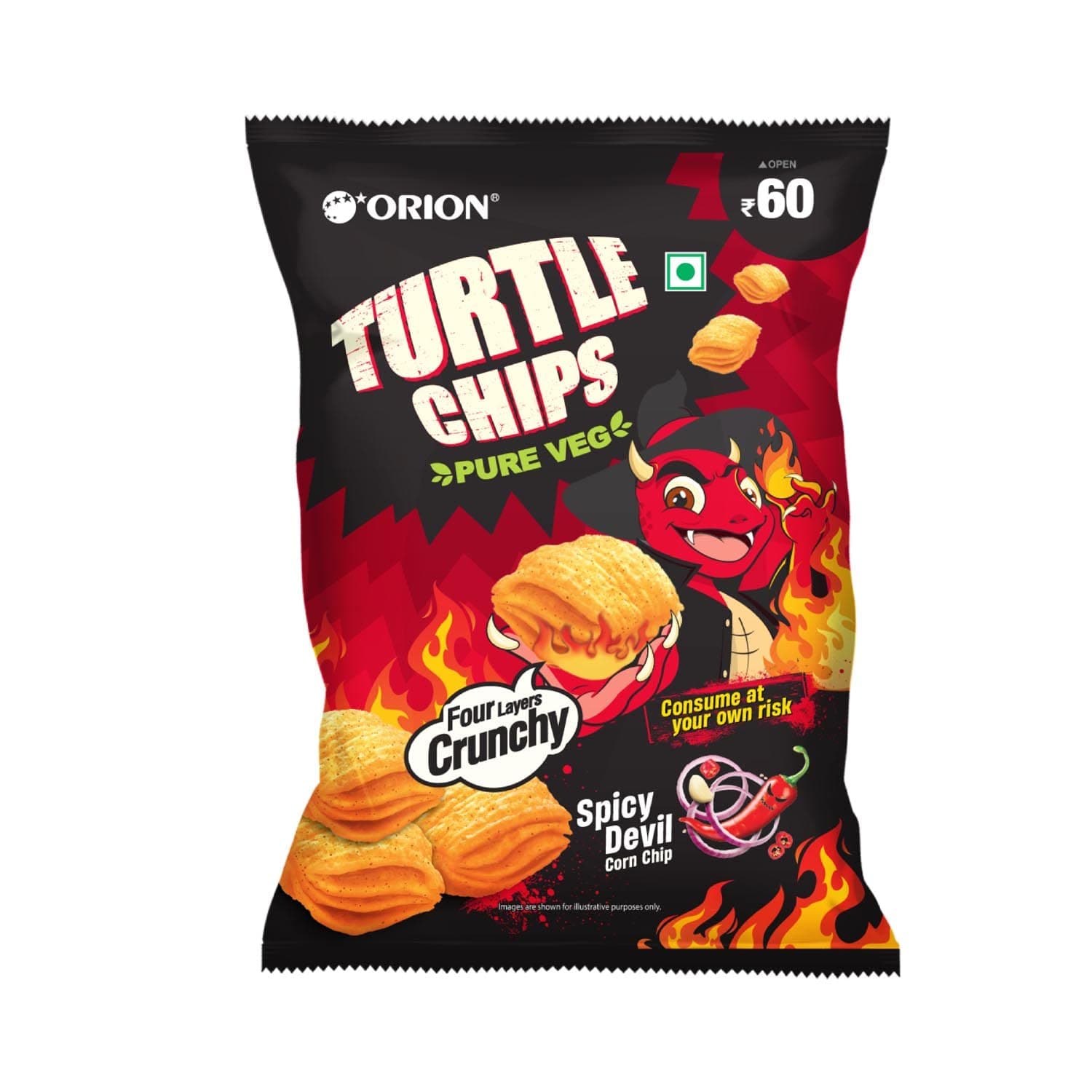ORION Turtle Chipspicy Devil (Super-Spicy) Korean Corn Chips 70G|100% Veg | Buldak Flavor - (Pack Of 1)