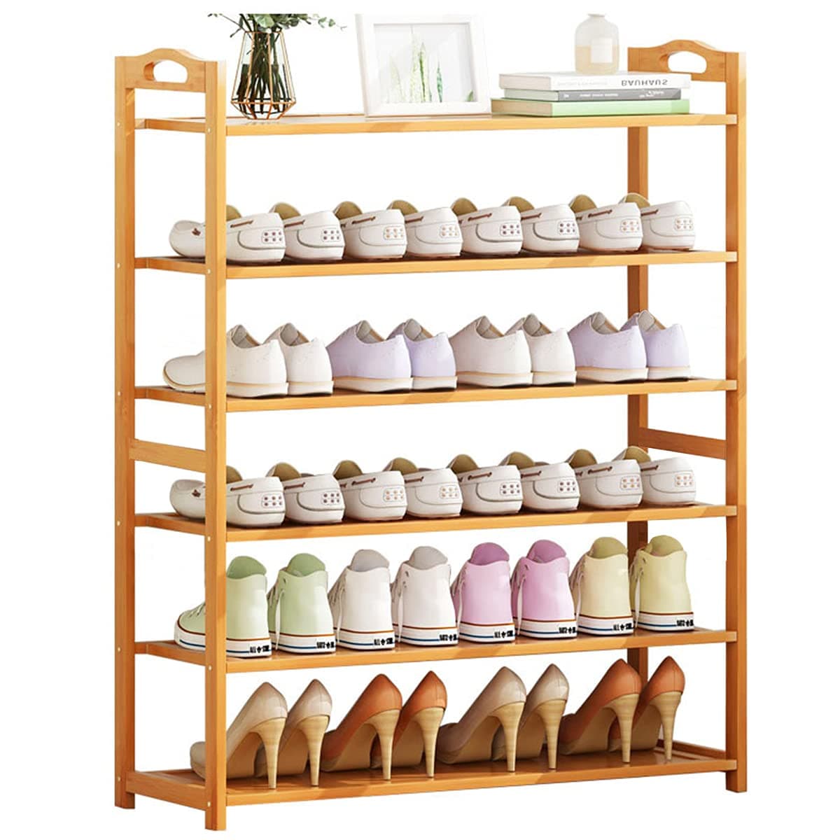 Bamboo Shoes Rack 6 Tier, Wooden Shoe Shelf Stand Free Standing Large Slippers Storage Organizer with Portable Handle Shoe Cabinet Space Saving for Entryway Living Room 82x23x98cm