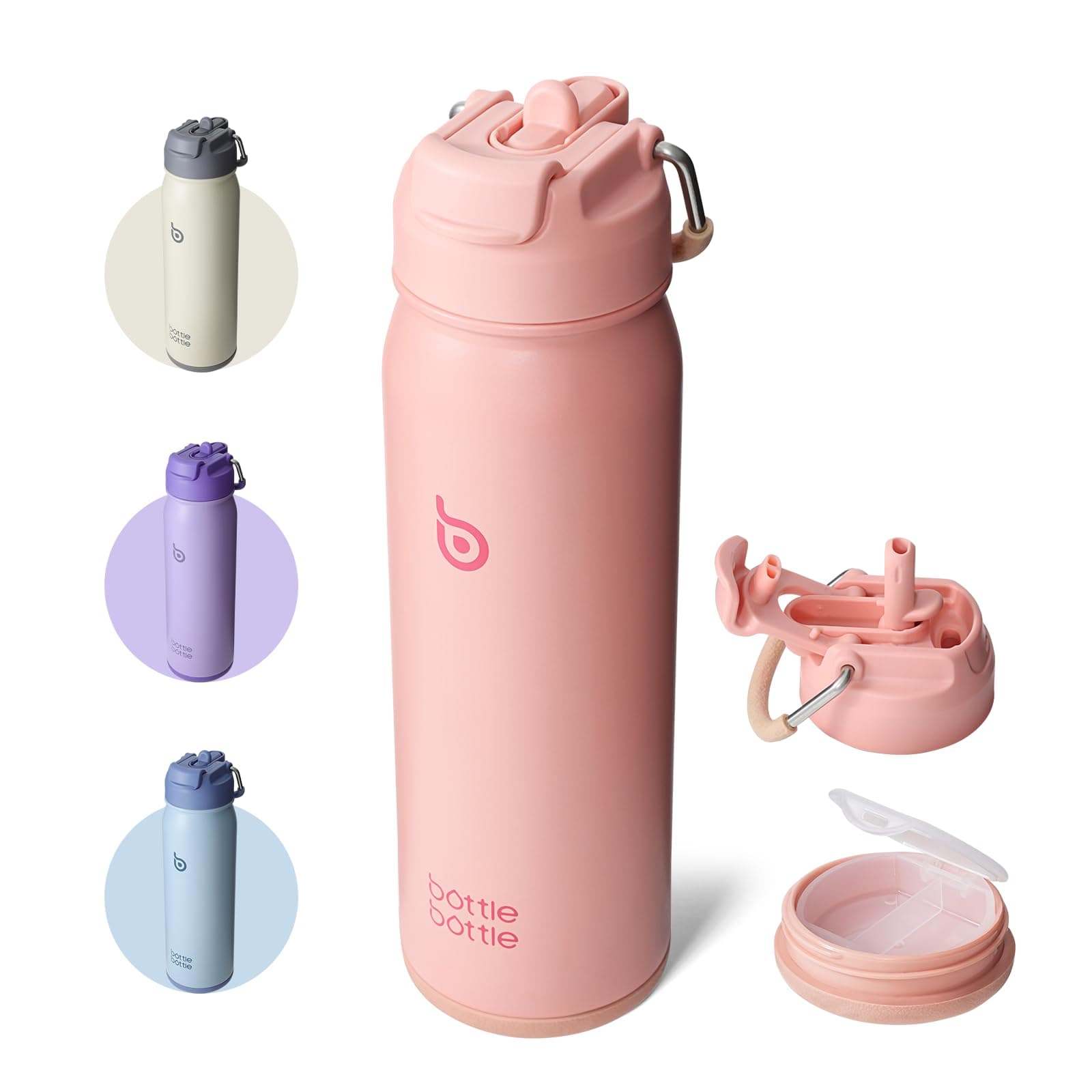 24oz Insulated Water Bottle Stainless Steel Sport Water Bottle with Straw and Adjustable Lid Daily Pill Organizer