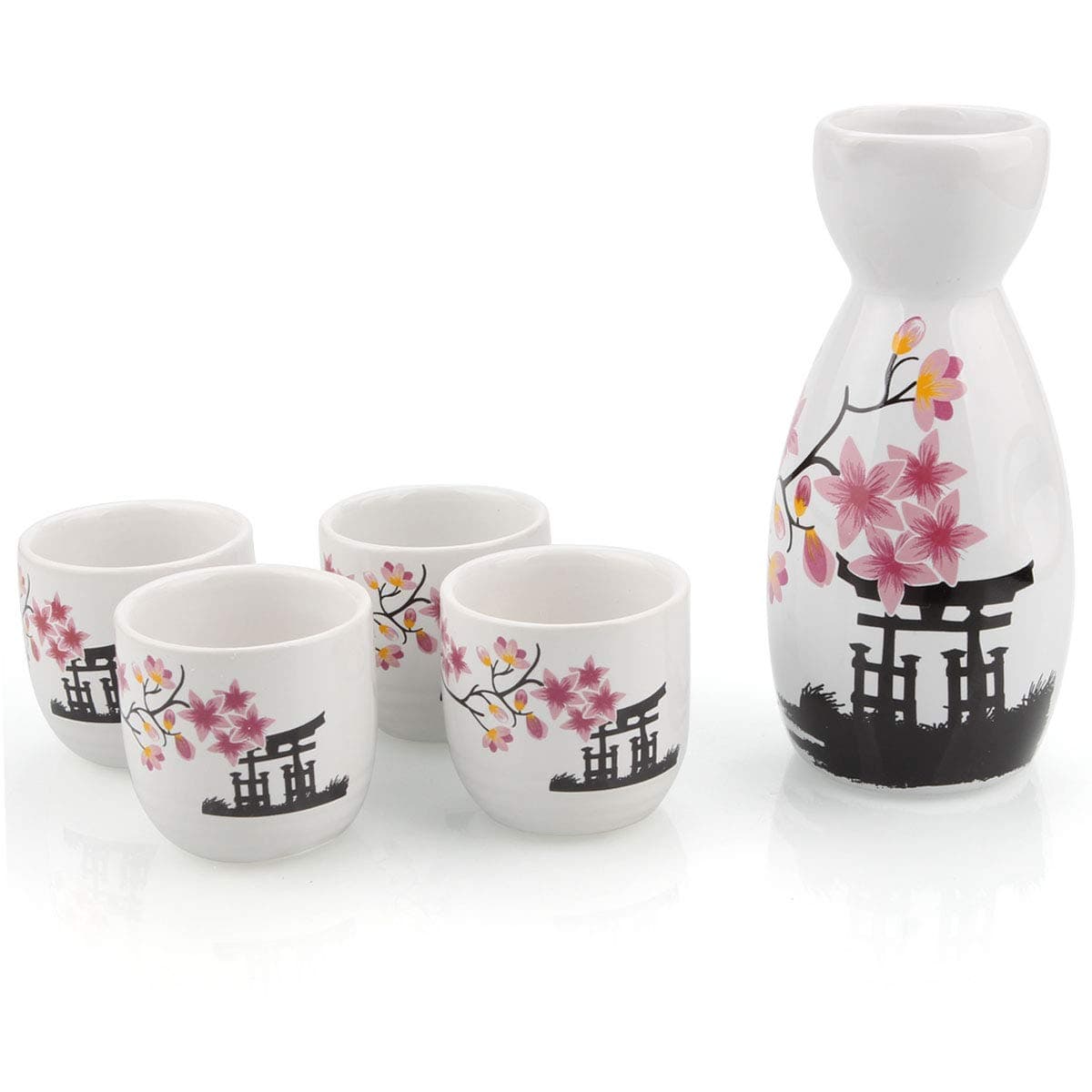 Japanese Sake Set, 1 Tokkuri Bottle & 4 Ochoko Cups, Spring Blossoms Ceramic Sake Set Microwave and Dishwasher Safe