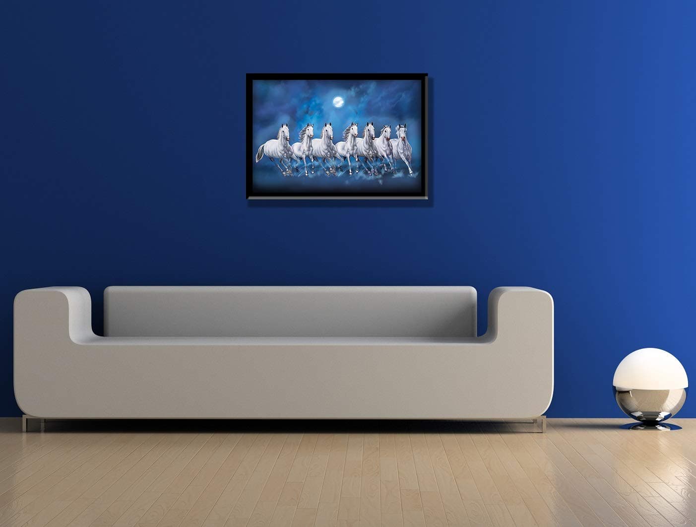 LIFEHAXTORE® Seven Lucky Running Vastu Horses Art Framed Painting - (Ocean Blue, 12 Inch x 18 Inch)