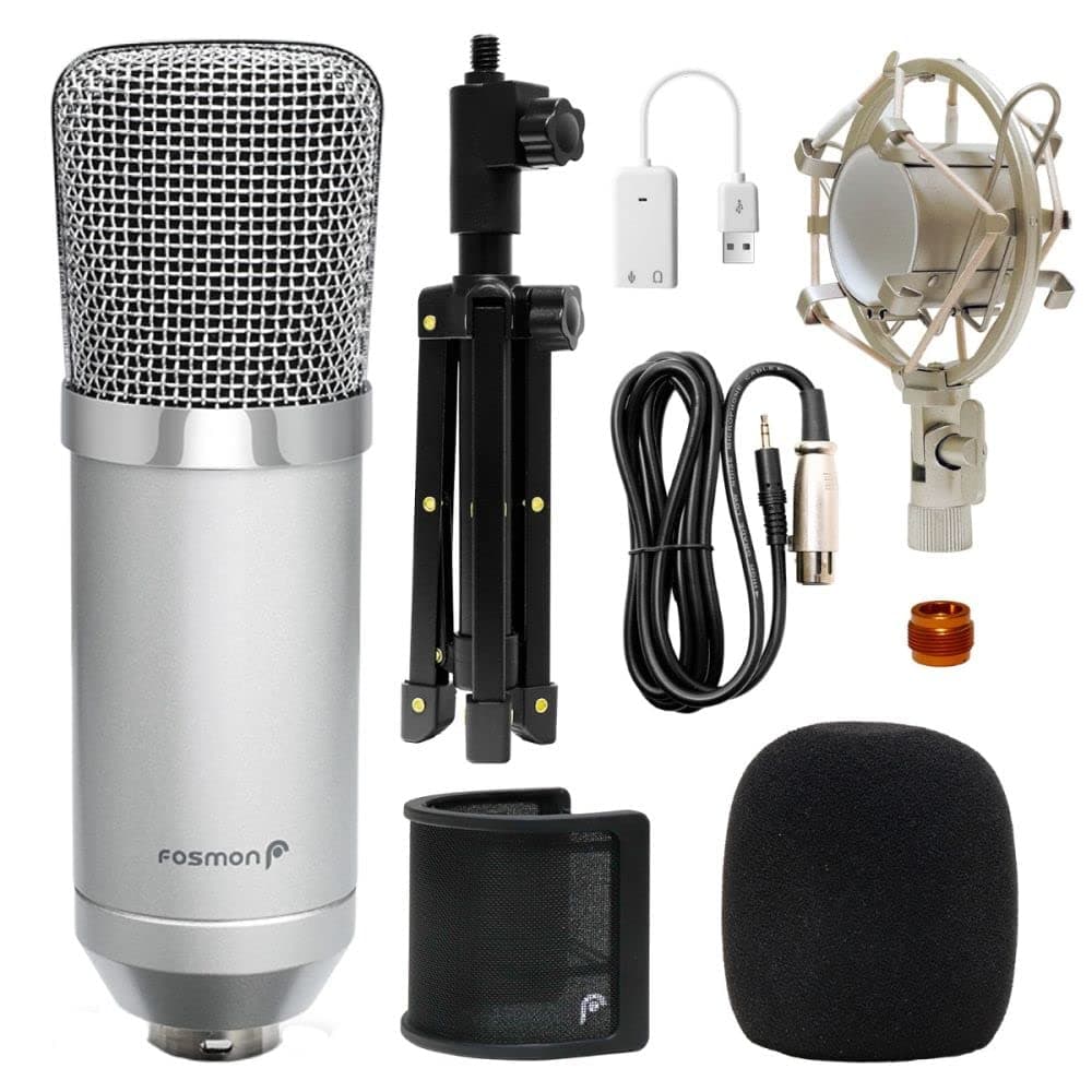 Fosmon BM-700 Silver Body & Grill Condenser Microphone, XLR, USB, Auxiliary, 360 Degree Recording, Shock Mount, Pop Filter