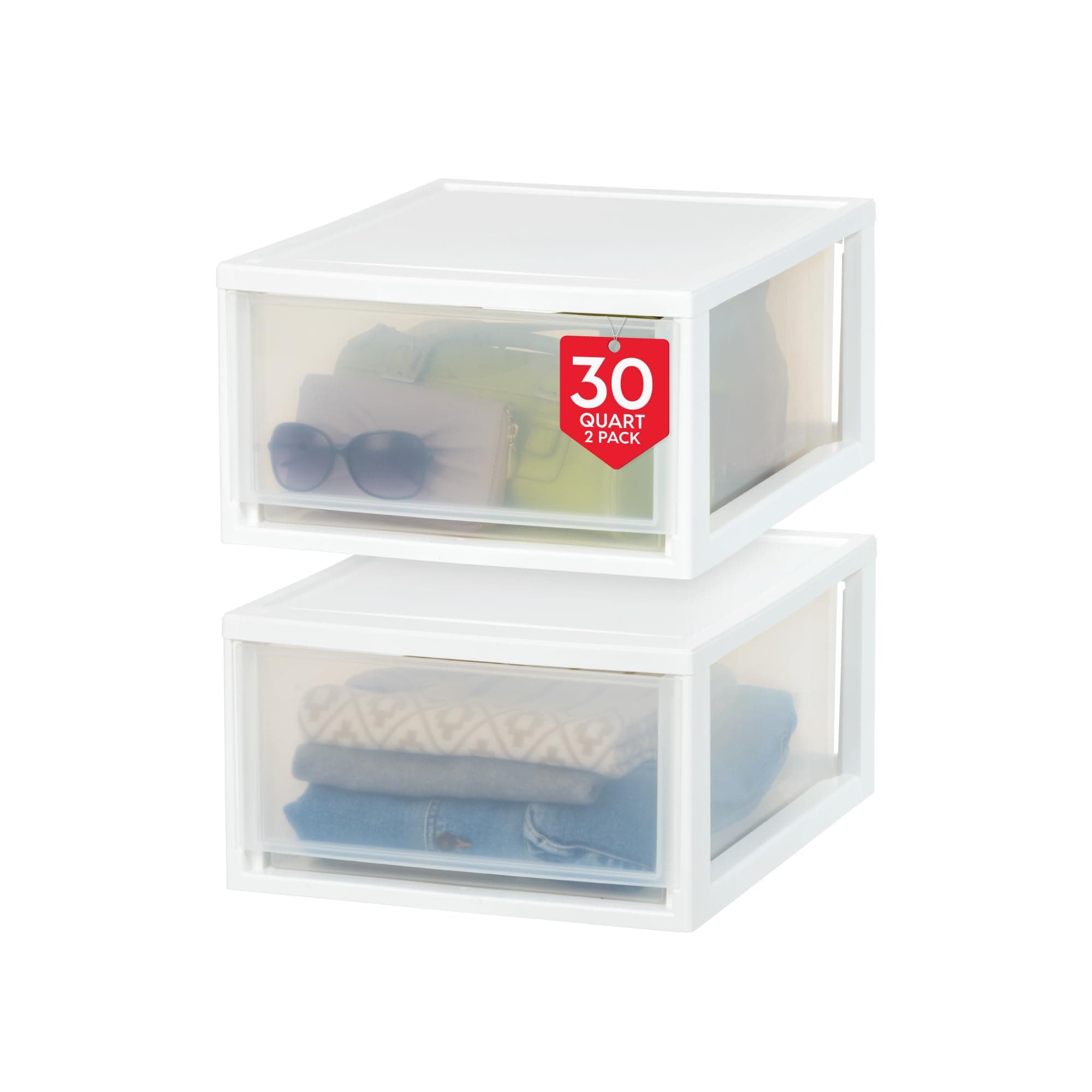 30 Qt. Plastic Drawer Storage Organizer Stacking Drawers, 2-Pack, Stackable Unit with Sliding Drawer for Clothes Bedroom Kitchen Under Sink Pantry Craft Room Bathroom Dorm Office, White