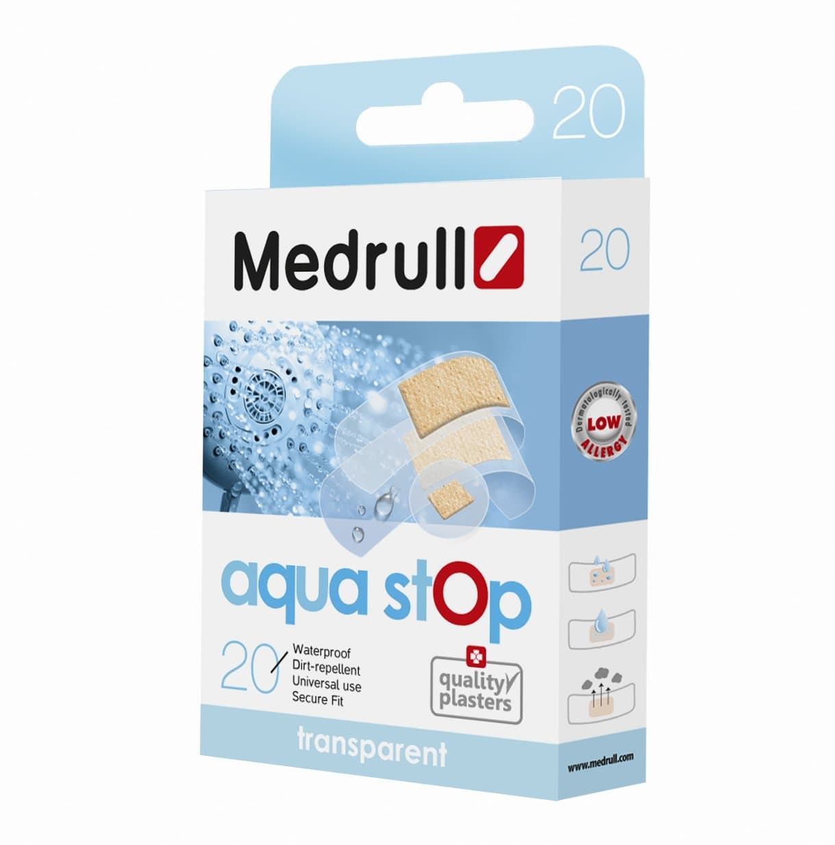 Medrull - Waterproof Transparent Plaster “Aqua Stop", Pack of 20 Assorted Plasters, Hypoallergenic, Breathable, Protect a Wound from Moisture and Dirt, Wound Pad with High Absorption.