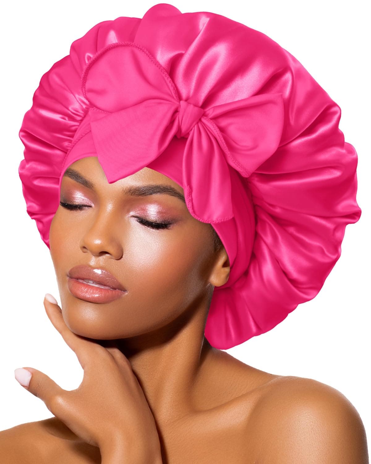 BONNET QUEEN Satin Bonnet Silk Bonnet for Sleeping Hair Bonnet Tie Bonnet for Women with Stretch Band Natural Hair Hot Pink