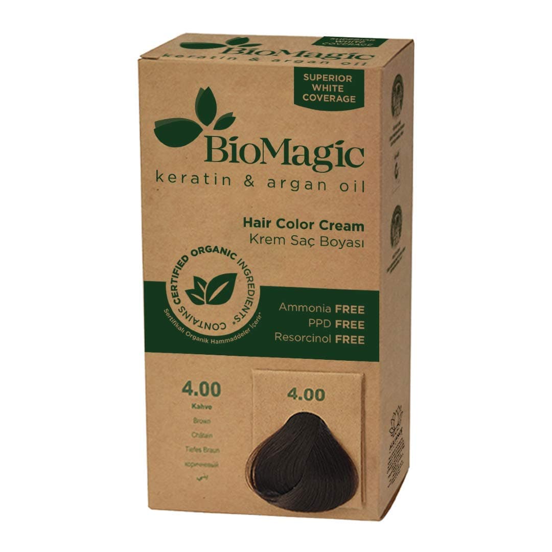 Biomagic Permanent Hair Color for a Natural Look, Keratin & Argan Oil Line, Ammonia FREE Dye, Contains Certified Organic Ingredients (4.00 Brown)