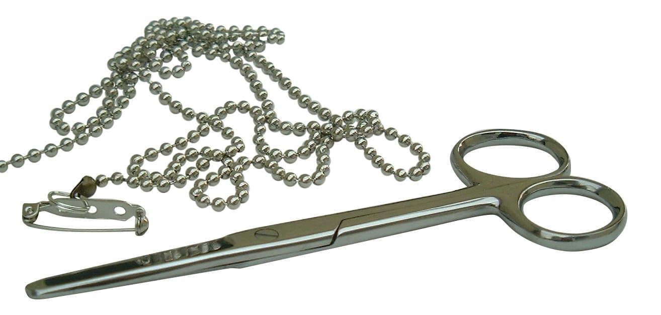 NURSES 13cms POCKET SCISSORS,(TWO ROUNDED TIPS ON BLADE) WITH STRONG SECURITY CHAIN FOR FIXING TO CLOTHING OR BELT, PREMIUM QUALITY, MADE IN UK AND POSTED IN DORSET. HANDMADE AND TO THE FINEST QUALITY AVAILABLE.