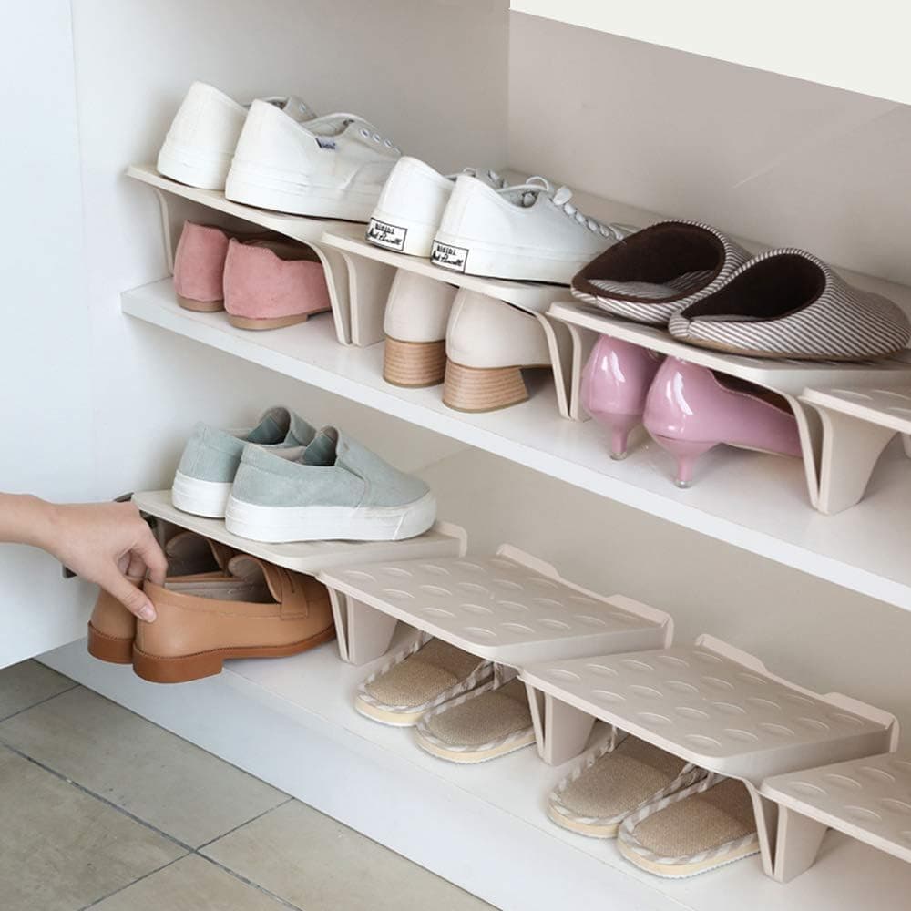 4 Pcs Stacking Shoe Organizer for Shelf 10 x 8.7 in – Double Layer Space Saving Shoe Dividers for Shelves – Footwear Riser for Heels Under 4.7", Sneakers & Flats Storage for Small Closets, Dorms, Apts