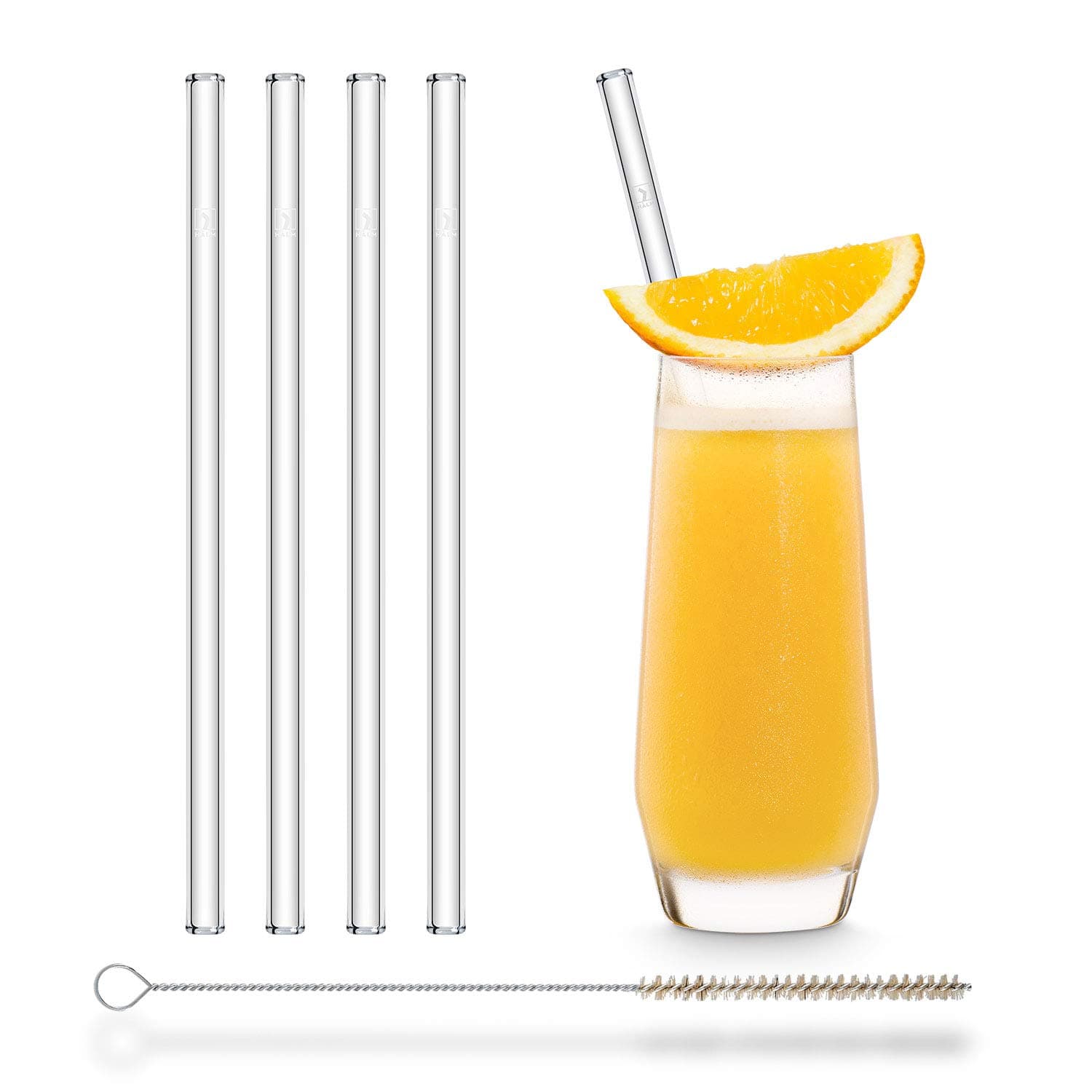 Halm Glass Drinking Straws Reusable Sip Tube - 4 Pieces Straight 20 cm + Plastic-Free Cleaning Brush - Dishwasher Safe - Sustainable - Glass Sip Tubes for Cocktails, Smoothies, Juice