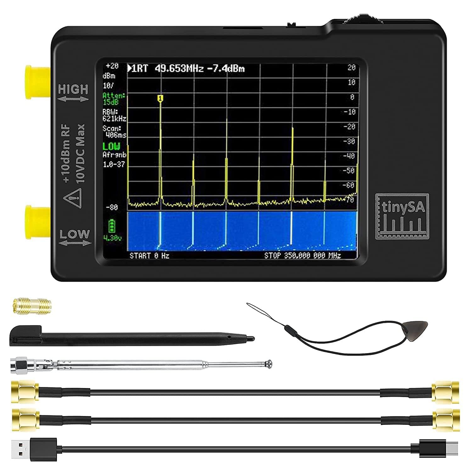 AURSINC Hand Held Spectrum Analyzer, tinySA MF/HF/VHF UHF Input for 0.1MHZ-350MHz, UHF Input for 240MHz-960MHz, Signal Generator with 2.8 inch Touch Screen Battery