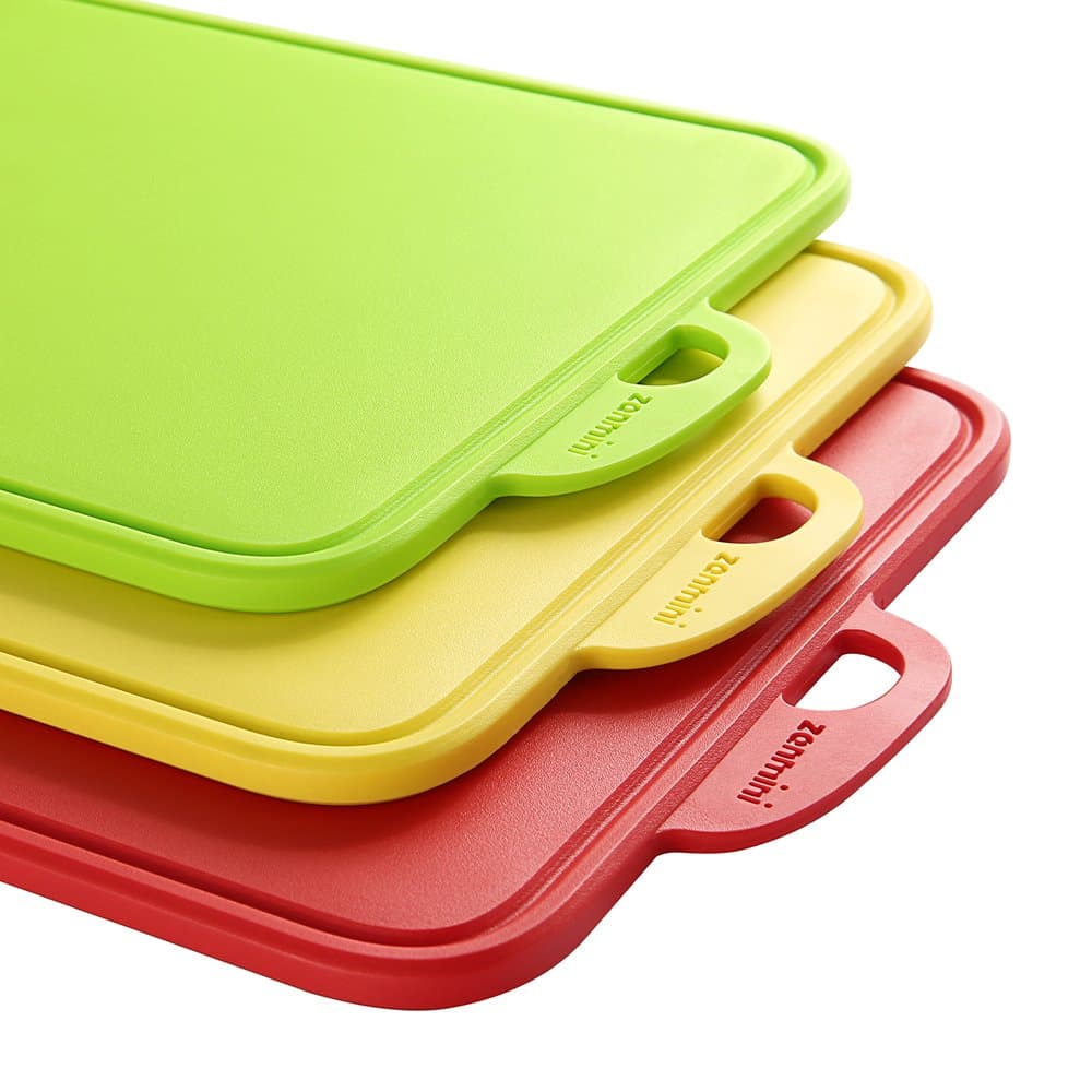 Zanmini Chopping Board Cutting Board Meat Fruit Set of 3 Food Grade PP Non-slip Feet Kitchen Cutting Boards with Hanging Hole and Stand,Dishwasher Safe Good Kitchen Tools for Chef (RED, GREEN, YELLOW)