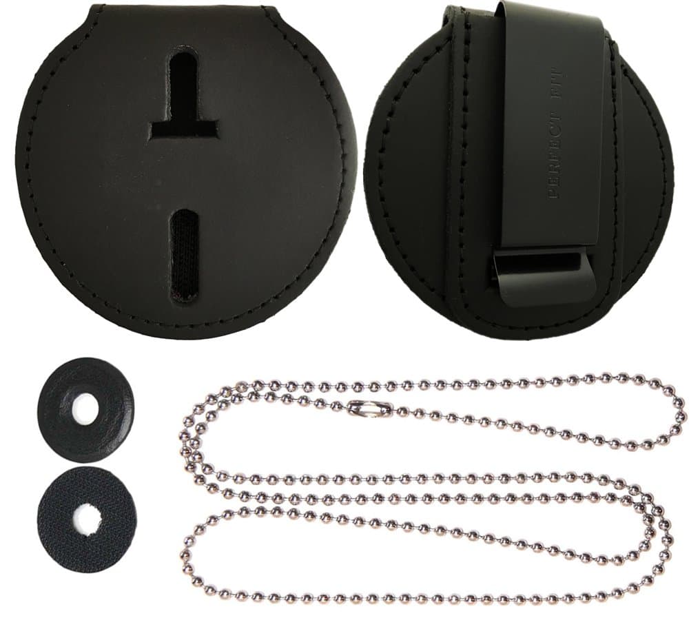 Police Badge Belt Clip Holder with Universal Round Neck Chain Badge Holder Feature - Black Leather - Badge Polishing Cloth Included - Made by Perfect Fit USA