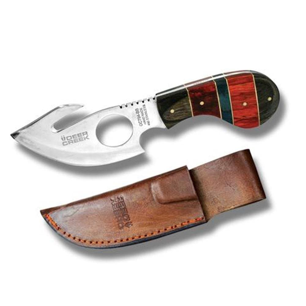 Rex Distributors DC-794-BB 7" Deercreek Short Skinner blk/Blue/Red Wood Color Handle with Leather Sheath Knife