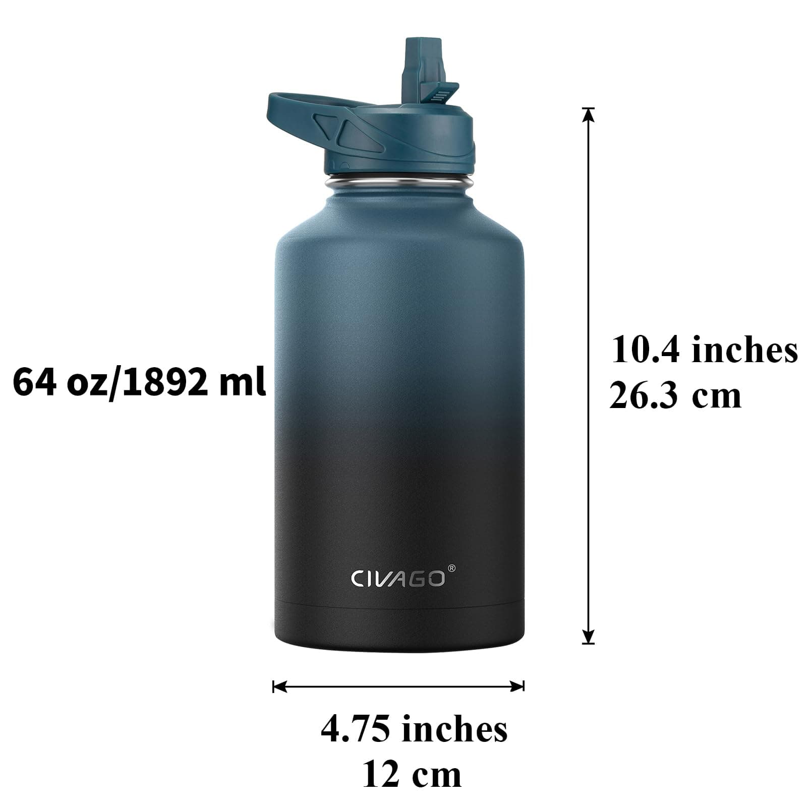 CIVAGO 64 oz Insulated Water Bottle With Straw, Half Gallon Stainless Steel Sports Water Flask Jug with 3 Lids (Straw, Spout and Handle Lid), Large Metal Thermal Cup Mug, Cool Gray