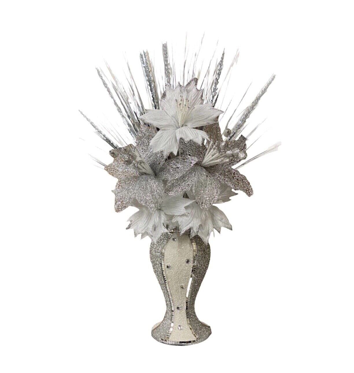 SILVER PETALS Romany White Silver Vase With Flowers Crushed Mosaic Bling Glitter Vase Bling