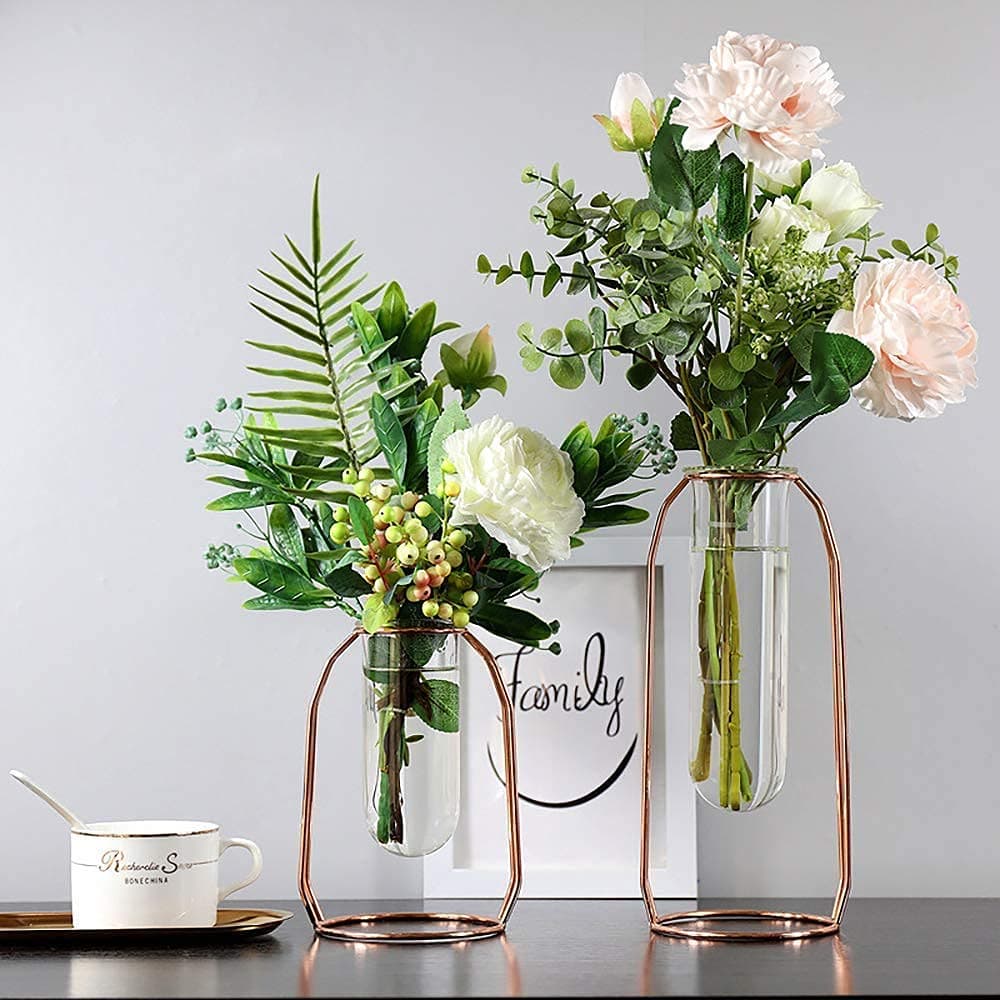 DEDC Vases Set of 2 Glass Vases with Metal Frame, Modern Rose Gold Frame Cylinder Clear Vase Planter Terrariums, Flower Holder Decorations for Wedding Living Room, Office, Party
