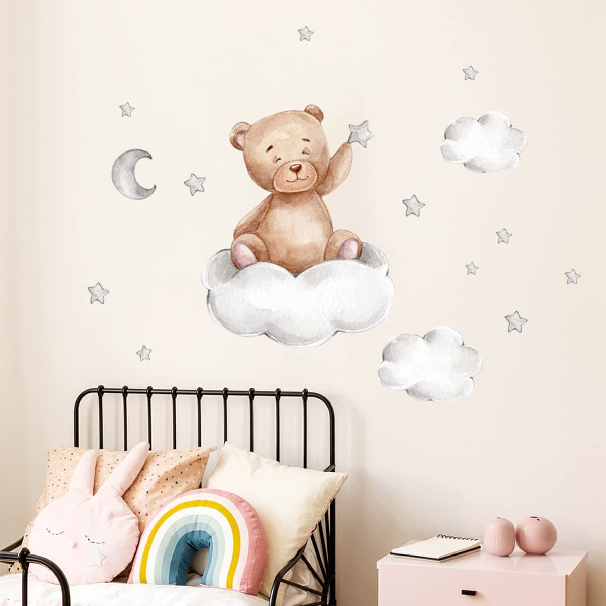 Decorative Wall Stickers, Bears Clouds Moon and Stars Wall Stickers, Cartoon Cute Bears Wall Decals Window Stickers for Kids Baby Room Bedroom Nursery Playroom Home Decor (A)