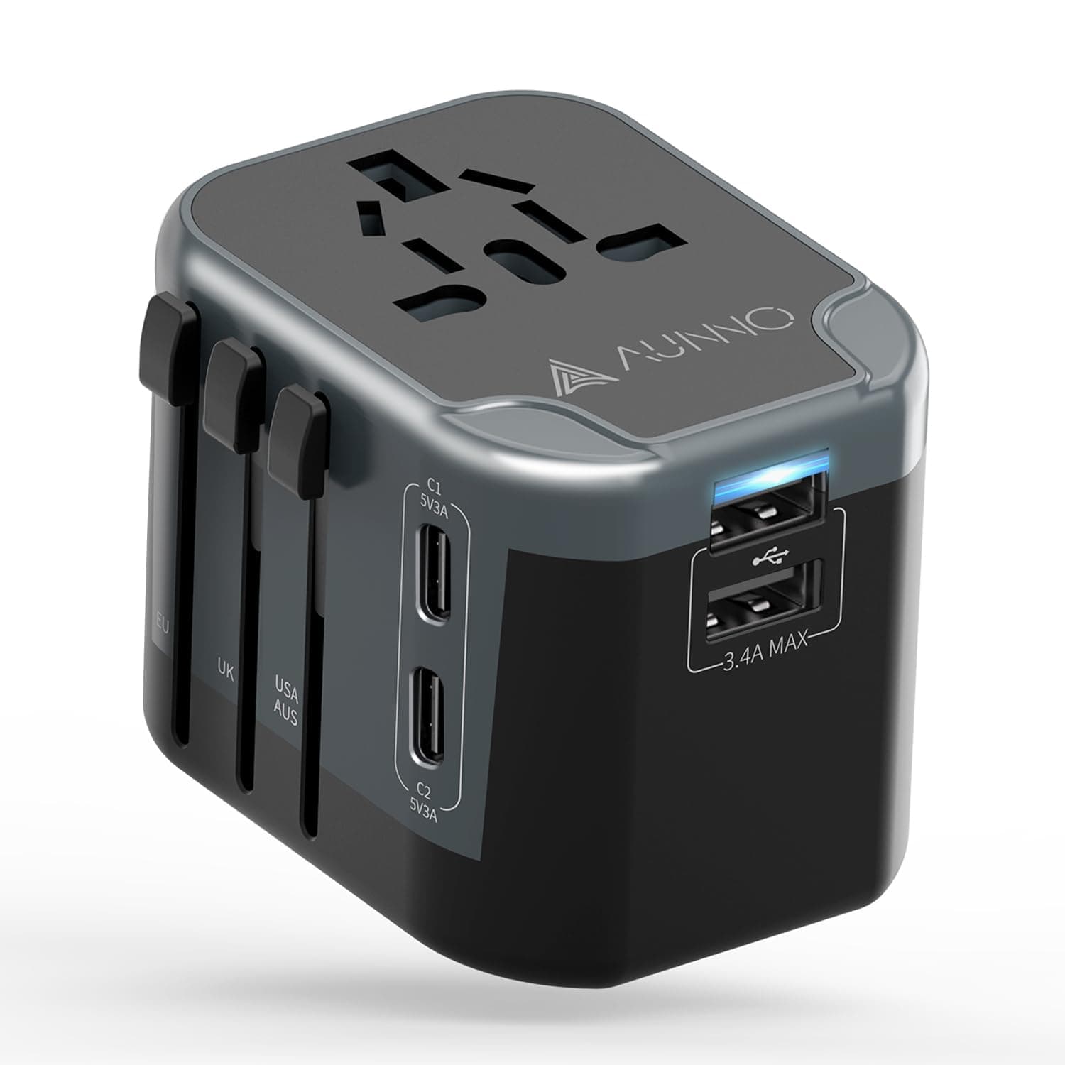 Universal Travel Adapter, International Travel Plug Adapter with 2 USB-C and 2 USB Ports, All in One Plug Adaptor with Dual Safety Fuses, UK to European Plug Adaptor for EU USA Australia etc