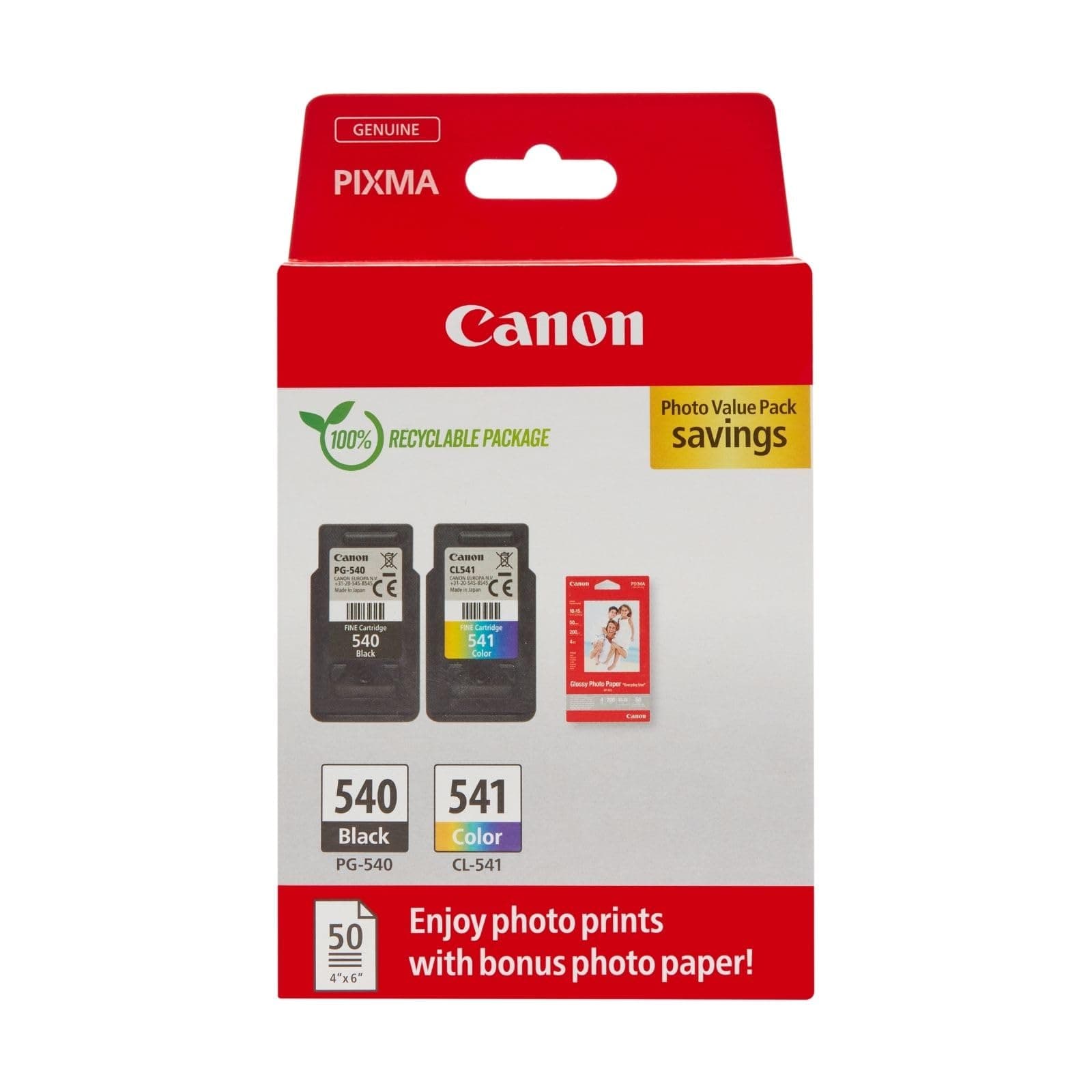 Ink & Paper Multipack - PG-540/CL-541 Genuine Printer Ink Cartridges 2 Pack (1 x Black, 1 x Colour) & 4x6 Photo Paper (50 x Sheets) For PIXMA TS5150, TS5151, MG3650s, MG4250, TS5100