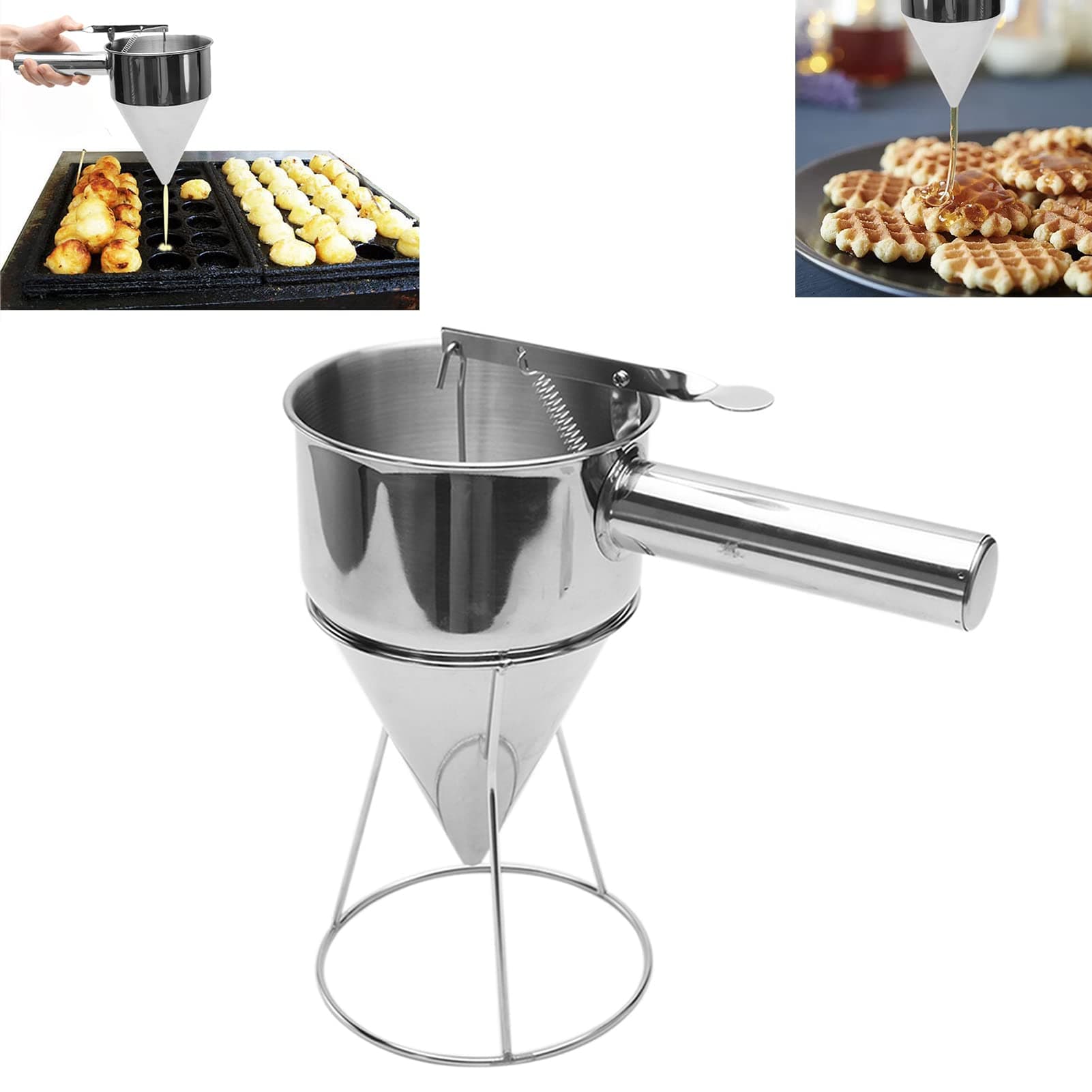 MOVKZACV Pancake Batter Dispenser, Octopus Balls Funnel with Rack, Stainless Steel Funnel Dispenser with Stand, Funnel Cake Desserts Maker Pancake Maker Octopus Ball Making Kitchen Tool