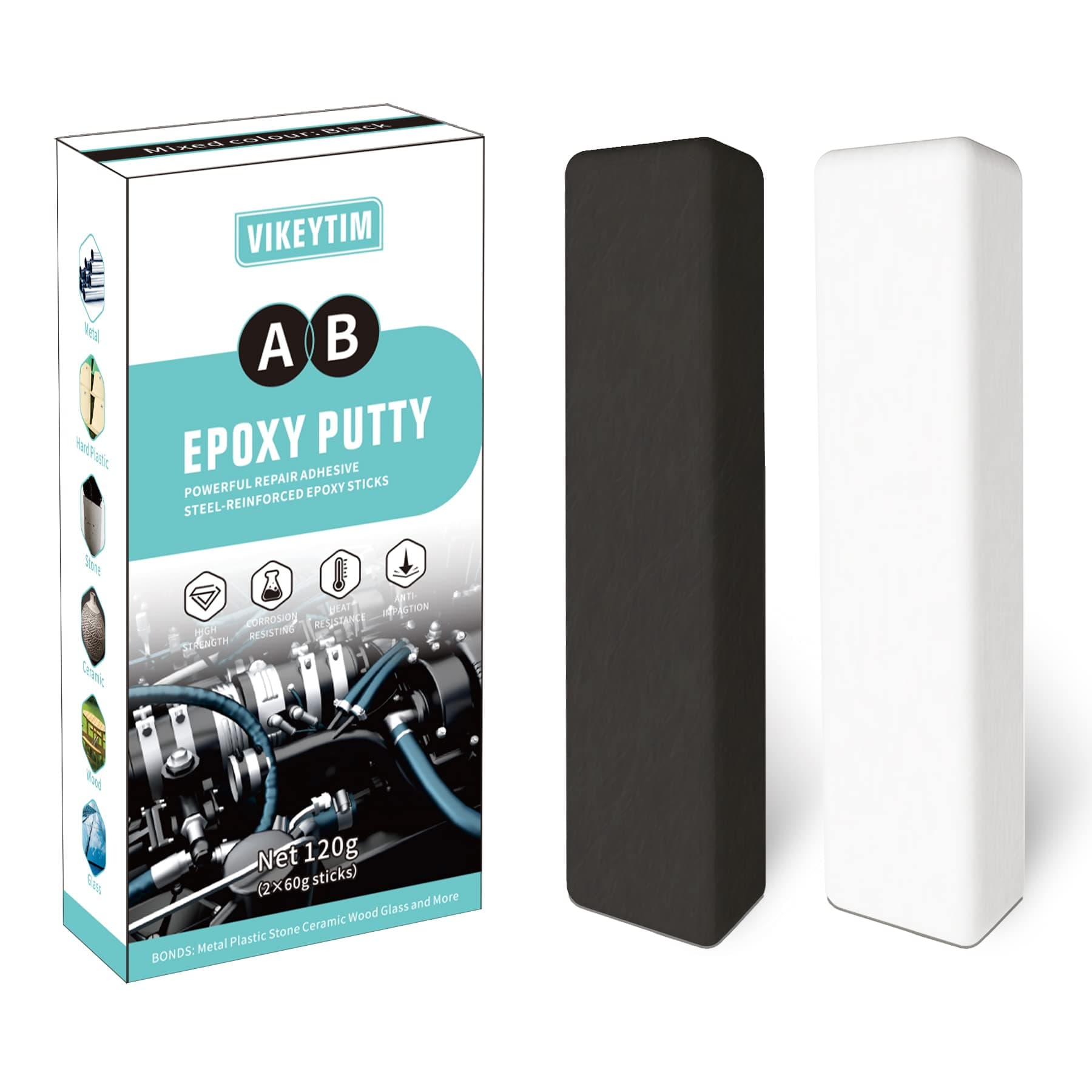 Epoxy Putty, 120g Hard and Fast Metal Epoxy Putty, Metal, Sculpture, Hard Plastic, Stone, Wood Fast Bonding and Repair, 2 Part Epoxy Putty Heat Resistant and Waterproof (Black), EP120BL