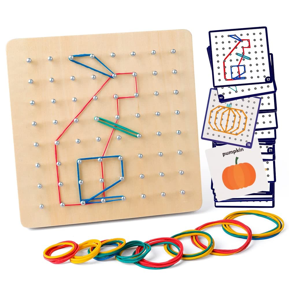 Coogam Wooden Geoboard Mathematical Manipulative Material Array Block Geo Board – Graphical Educational Toys with 24Pcs Pattern Cards and Rubber Bands Shape STEM Puzzle Matrix 8x8 Brain Teaser for Kid