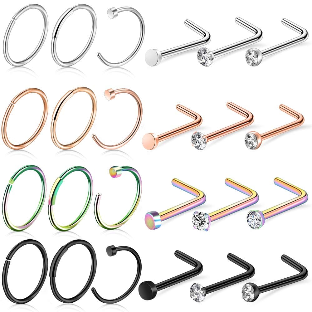 27-60 Pcs Nose Rings for Women Nose Piercing Jewelry Silver Nose Rings Studs 20G Surgical Nose Rings Hoops Nose Rings L Shaped Studs Screw Stainless Steel Nose Piercings for Women Men
