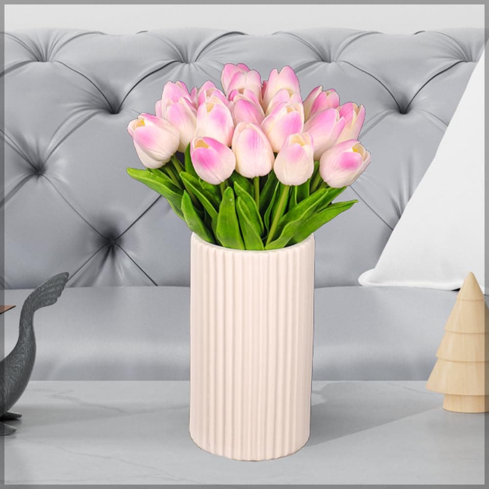 โ YATAI Artificial Tulips Flowers with Vase, Realistic Faux Potted Tulips, Realistic Faux Flower Arrangement with Ceramic Vase, Maintenance-Free Fake Flowers for Home Office Room Decor (Pink Tulip)