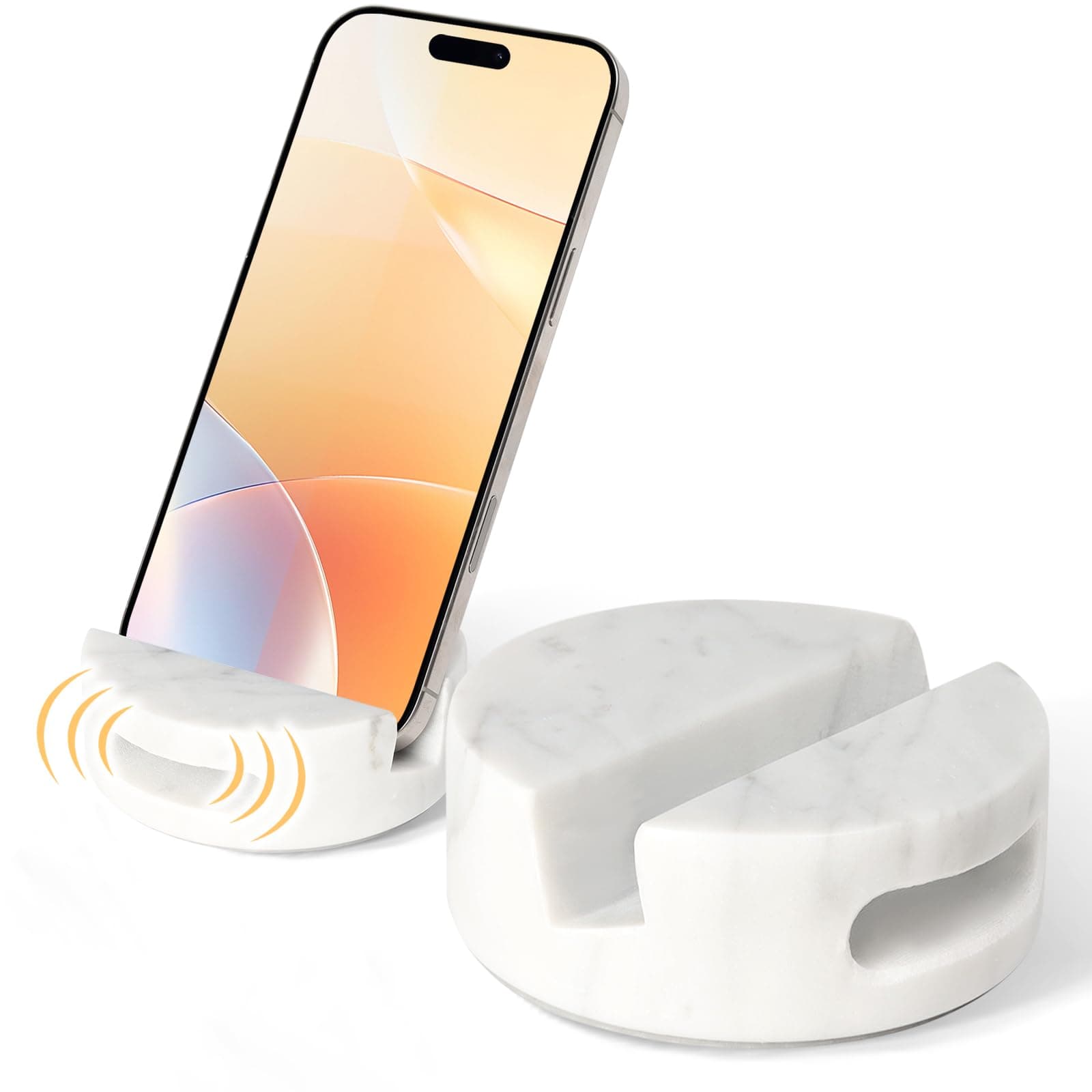 Elegant and Versatile White Marble Phone Stand with Sound Amplified Output iPhone Phone Holder Function for Office Desk,Kitchen Counter,Bathroom,and Bedside