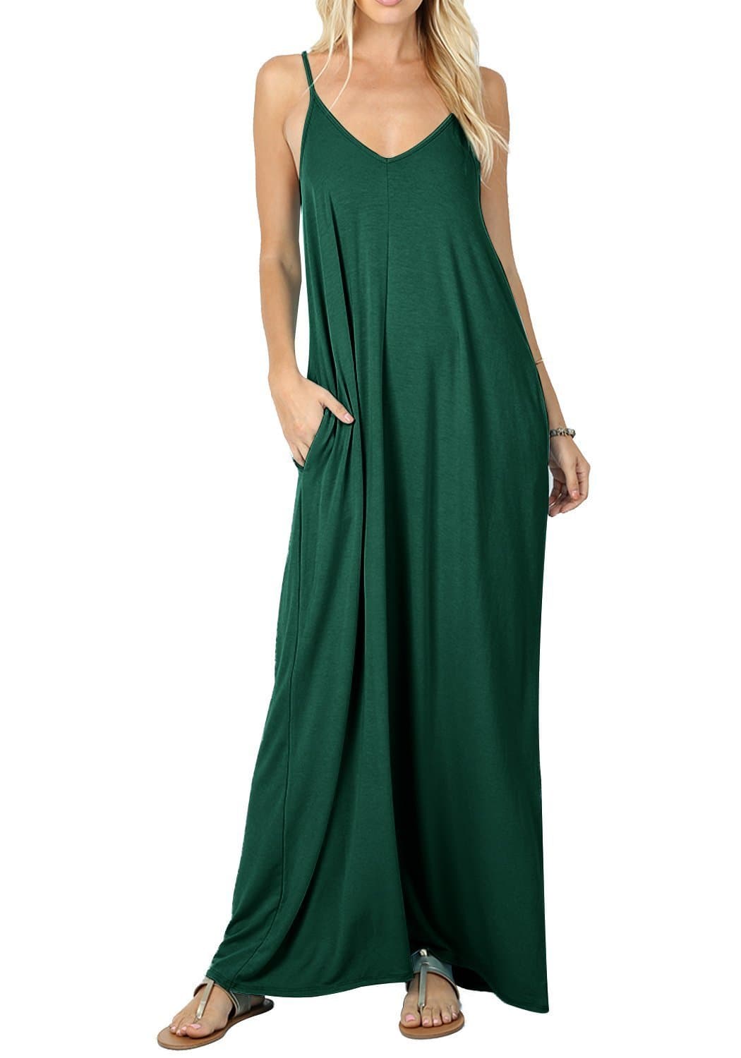 Stokeen Womens Summer Casual Plain Swing Pockets Loose Beach Spaghetti Strap Maxi Dress (Medium, Dark Green)