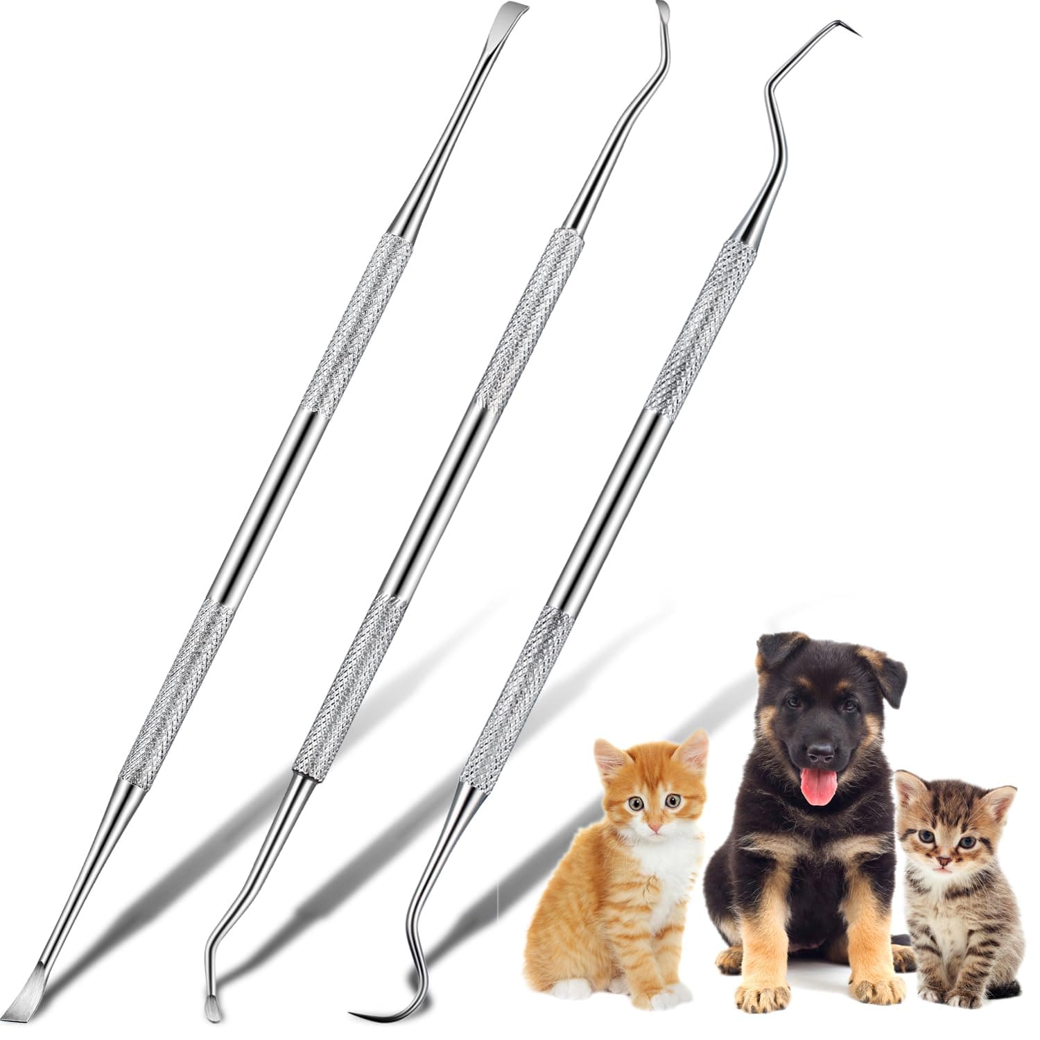 Hotop 3 Pieces Dog Dental Tooth Scaler and Scraper Stainless Double Headed Tarter Removing Tool Scraper Pet Teeth Cleaning Tools for Dog and Cat (Silver)