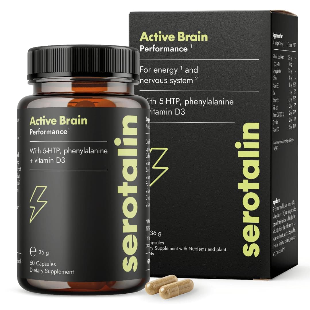 serotalin Active Brain Performance (Formerly Happy Energy) | High-dosed with Griffonia, B Vitamins, Caffeine & zinc | Vegan & Made in Germany | 60 Capsules (2 Months)