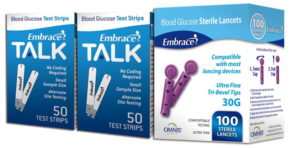 100ct Embrace Talk Blood Glucose Test Strips Includes 100 Lancets