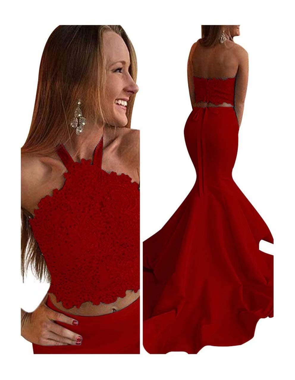 Women's 2018 Halter Two Pieces Lace Beading Mermaid Prom Dresses Red 6
