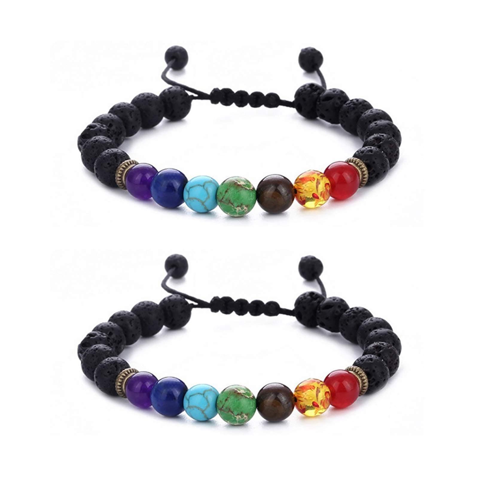 BESKIT Men Women 8mm Lava Rock 7 Chakra Aromatherapy Essential Oil Diffuser Bracelet (2 pcs Black lava chakra)