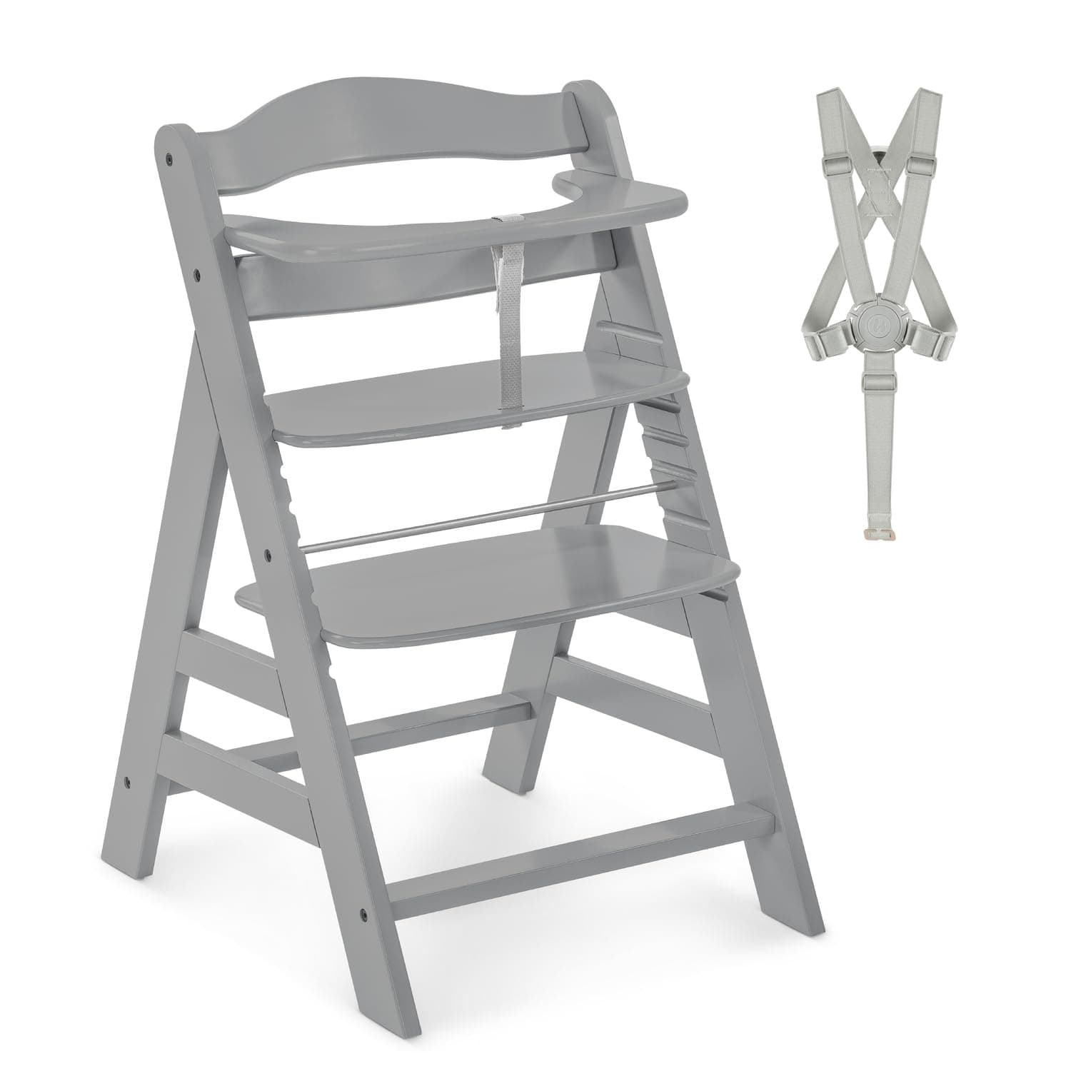 Alpha+, Grey - Wooden High Chair 6 Months to Adult Sustainable FSC® Certified Beechwood Toddler Feeding and Entertainment Chair, Inclusive 5-Point Harness Bumper Bar Crotch Strap