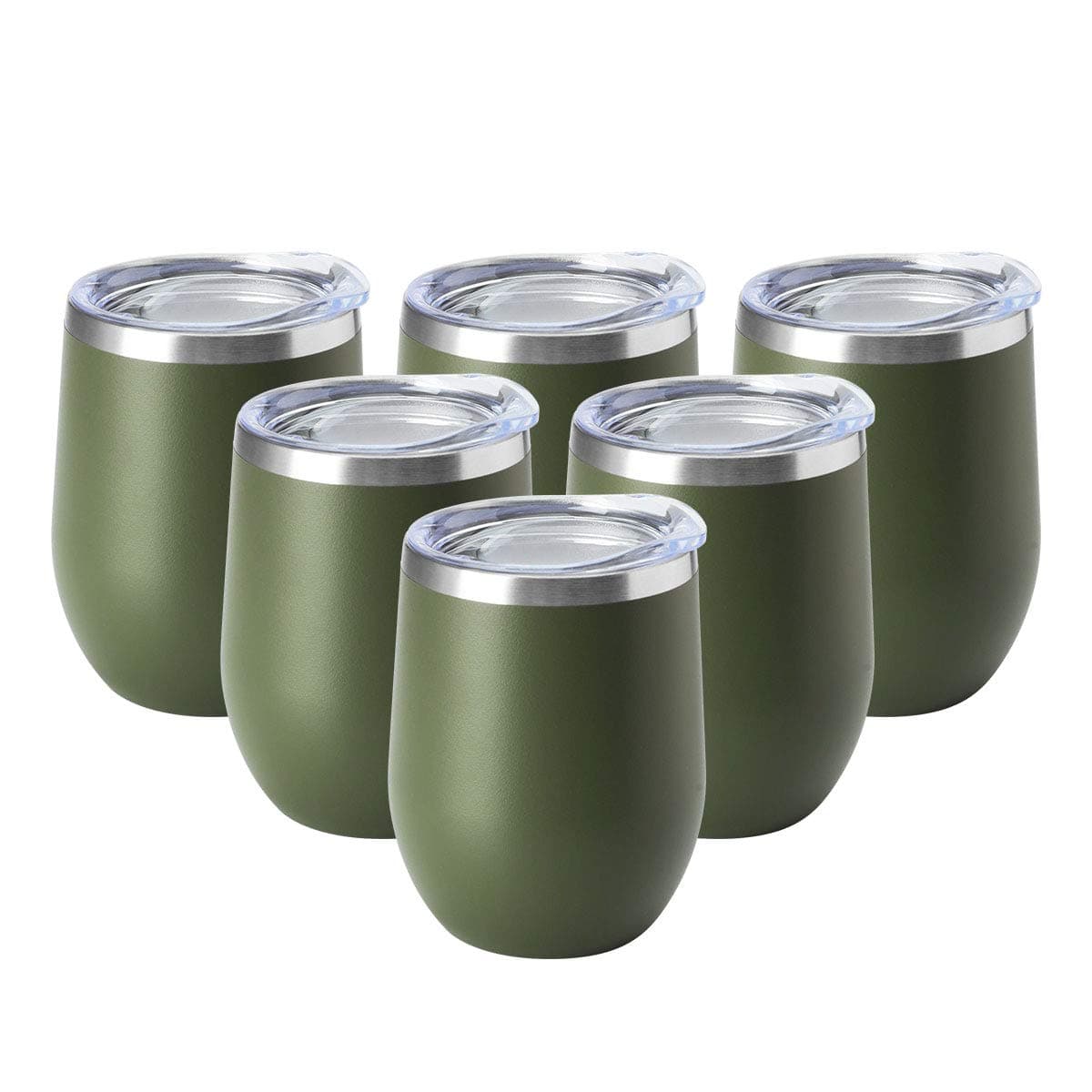HASLE OUTFITTERS12oz Wine Tumbler with Lid Stemless Wine Glasses Double Wall Vacuum Travel Mugs stainless steel Coffee Cup for Cold & Hot Drinks Wine Coffee Cocktails Beer 6 Pack Army Green