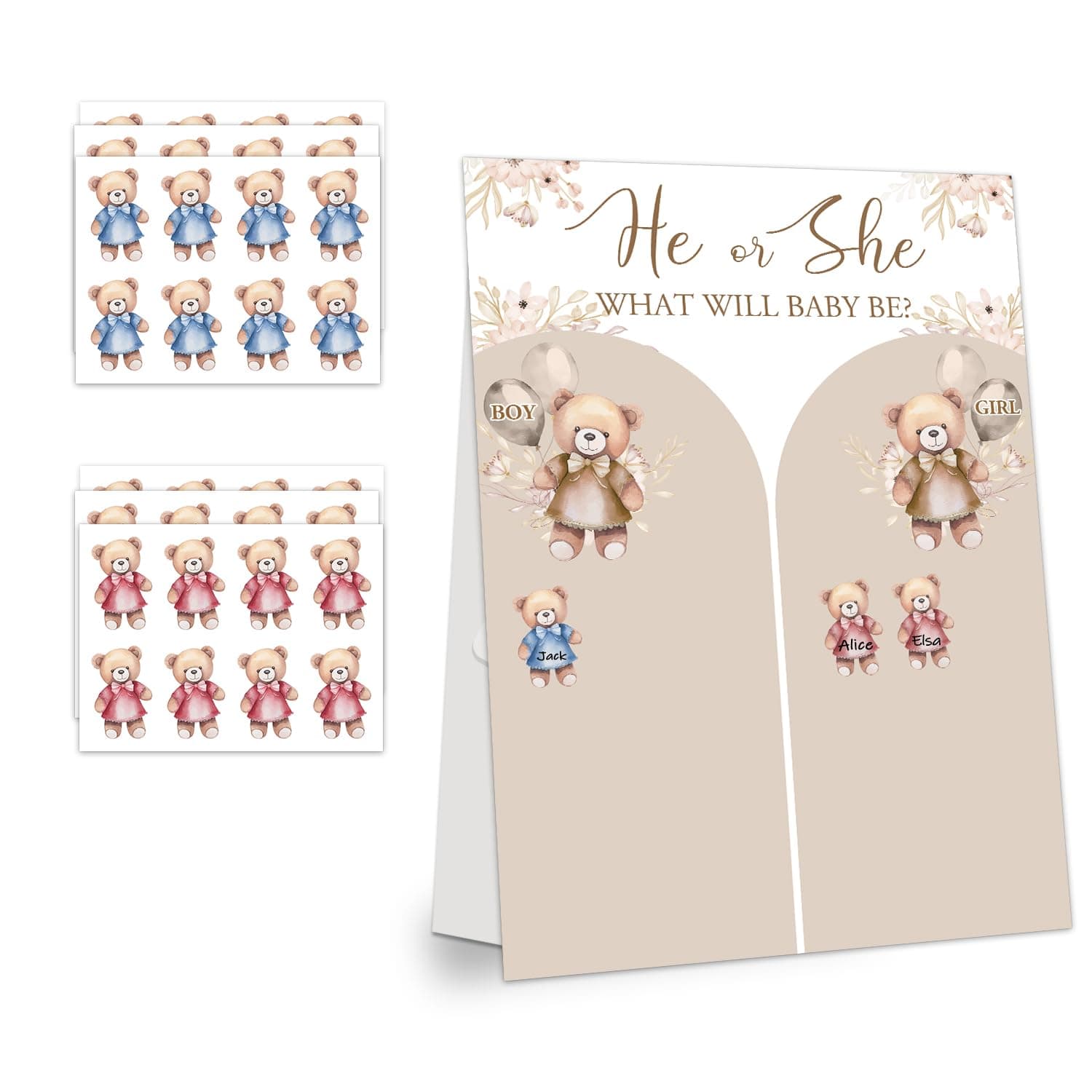 Bear Theme Baby Gender Reveal Voting Board Sign, 48 Boys Girls Bear Voting Stickers, He or She, Baby Gender Reveal Party Decorations Games for Boy or Girl Shower