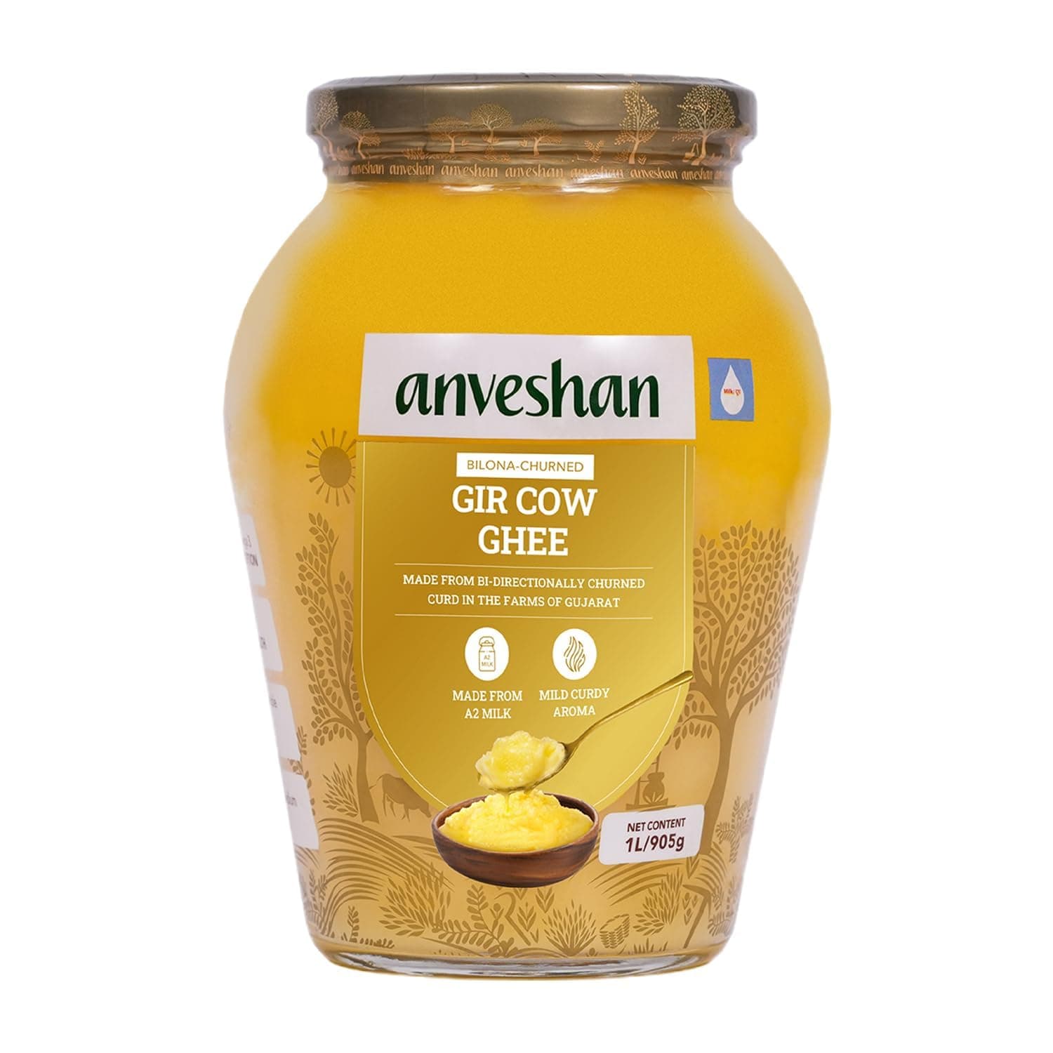 Anveshan A2 Gir Cow Ghee Bilona Method 1Liter, Traditional Bilona Method, Cultured, Immunity Booster, Pure, Natural, Healthy, Fresh, Lactose And Gluten Free