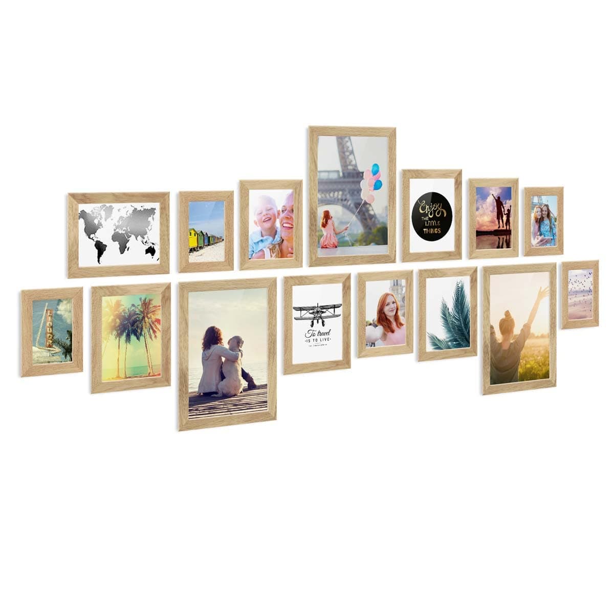 Collage Frame Photolini Basic Collection Modern White Made of MDF with Accessories Photo Frame Photo Frame Collage Picture Frame Set, Wood, oak, Set / 15 Rahmen