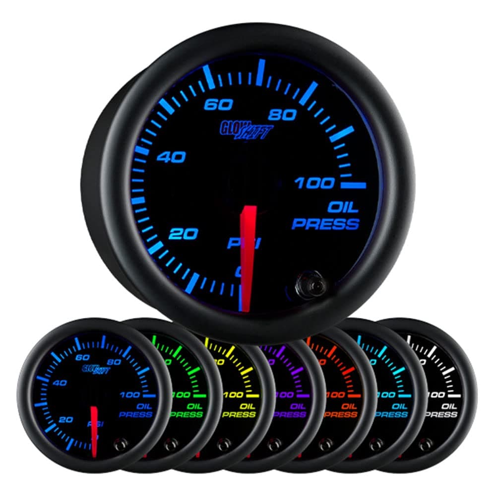 GlowShift Black 7 Color 100 PSI Oil Pressure Gauge Kit - Includes 1/8-27 NPT Electronic Sensor & Wiring - Multi-Color Display - Black Dial - Clear Lens - for Car & Truck - 2-1/16" 52mm
