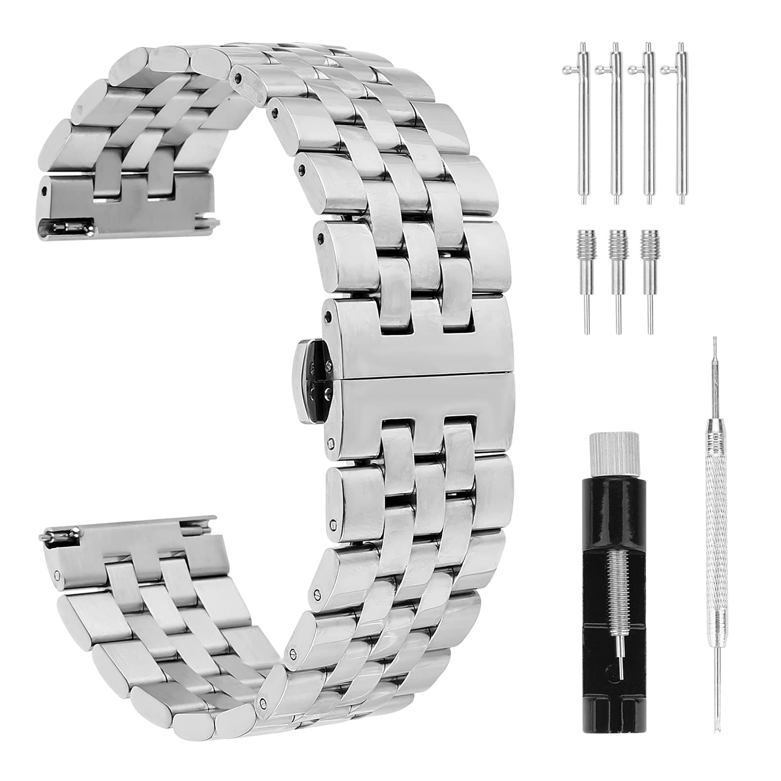 Thick Stainless Steel Watch Bands, Heavy Duty Linked Metal Polished Watch Straps with Butterfly Clasp Quick Release Solid Steel Watchband 20mm 22mm Lug Width Compatible with Men Women