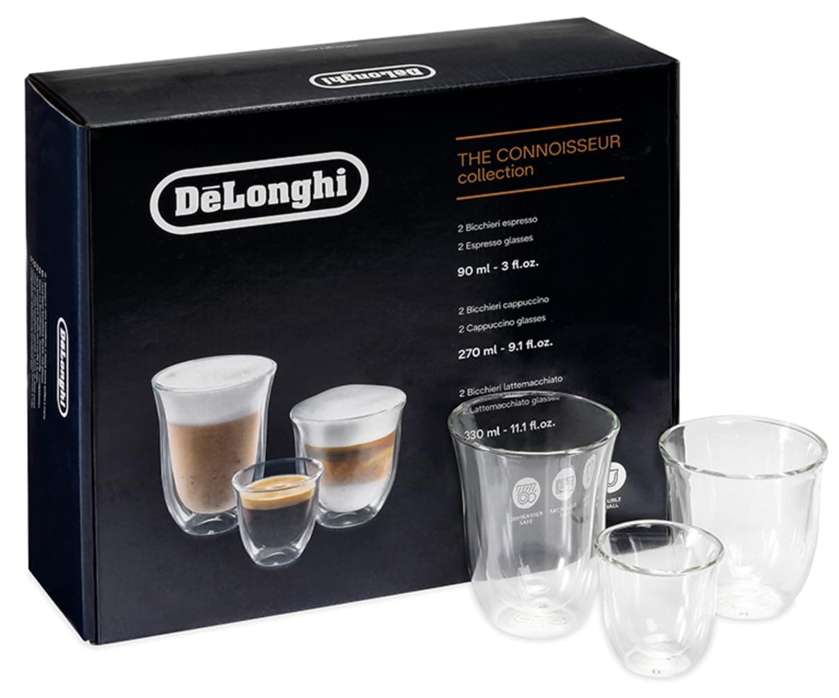 DeLonghi Coffee Connoisseur Glasses (set of 6): 2 Espresso, 2 Cappuccino, 2 Latte Macchiato