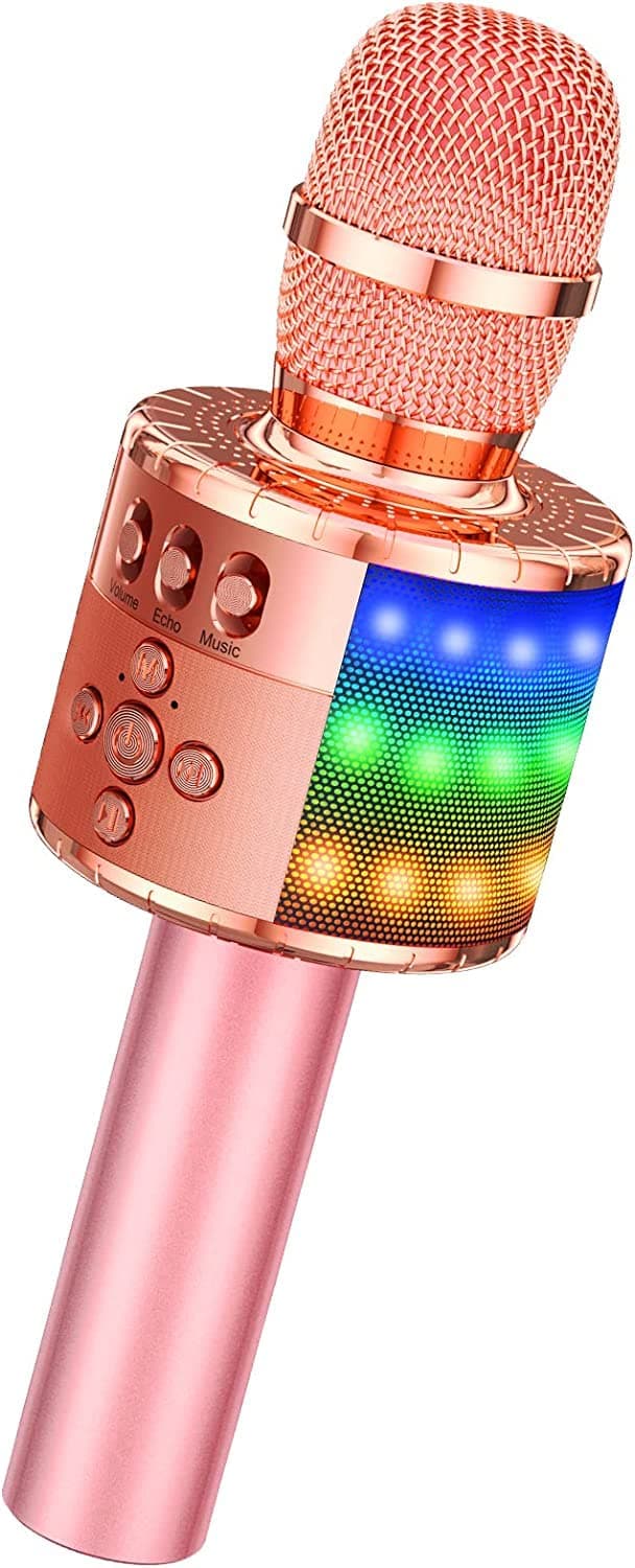 BONAOK Wireless Bluetooth Karaoke Kids Microphone with Controllable LED Lights, Portable Karaoke Machine Speaker Birthday Gift Party Travel Toy for iPhone, for iPad,Android,PC (Rose Gold Plus)