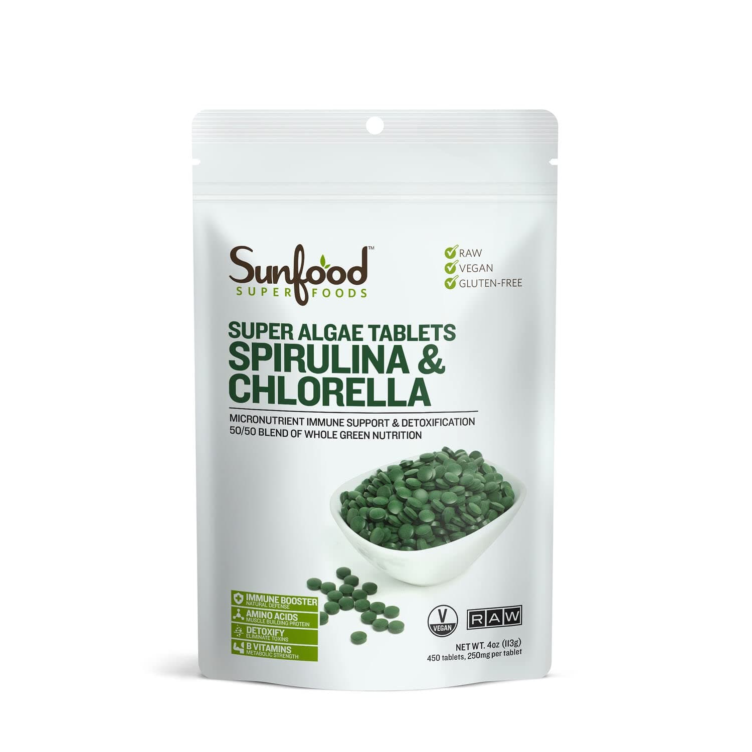 Sunfood Chlorella Spirulina Tablets - Spirulina and Chlorella Powder Pills, Green Algae Supplement Rich in Chlorophyll, Broken Cell Wall, Vegan - 4 oz Bag