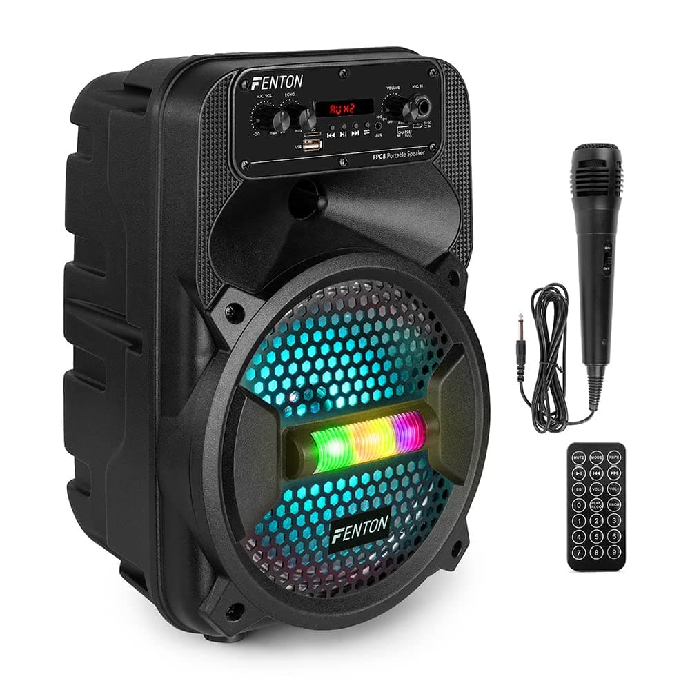 Fenton FPC8 Portable Party Speaker Bluetooth MP3 USB Disco Lights and Microphone