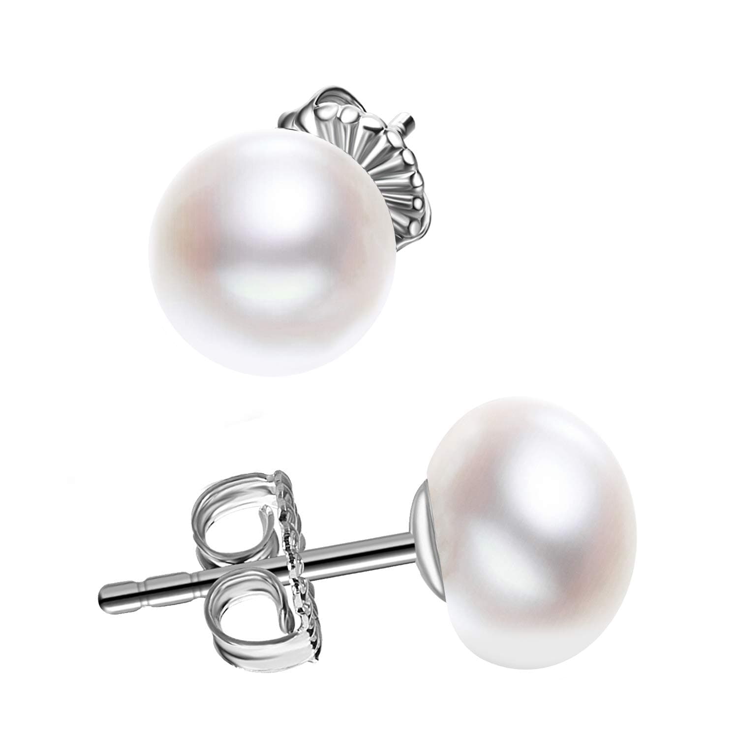 JORA Sterling Silver White Button Freshwater Cultured Pearl Stud Earrings for Women Gift